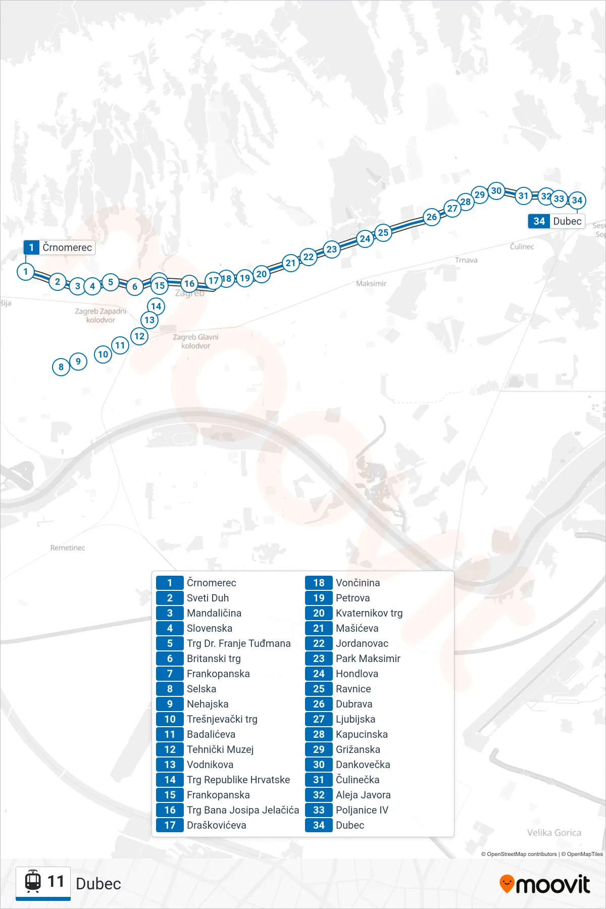 Linija 11 tramvaj, (Dubec) – ruta i stanice na karti