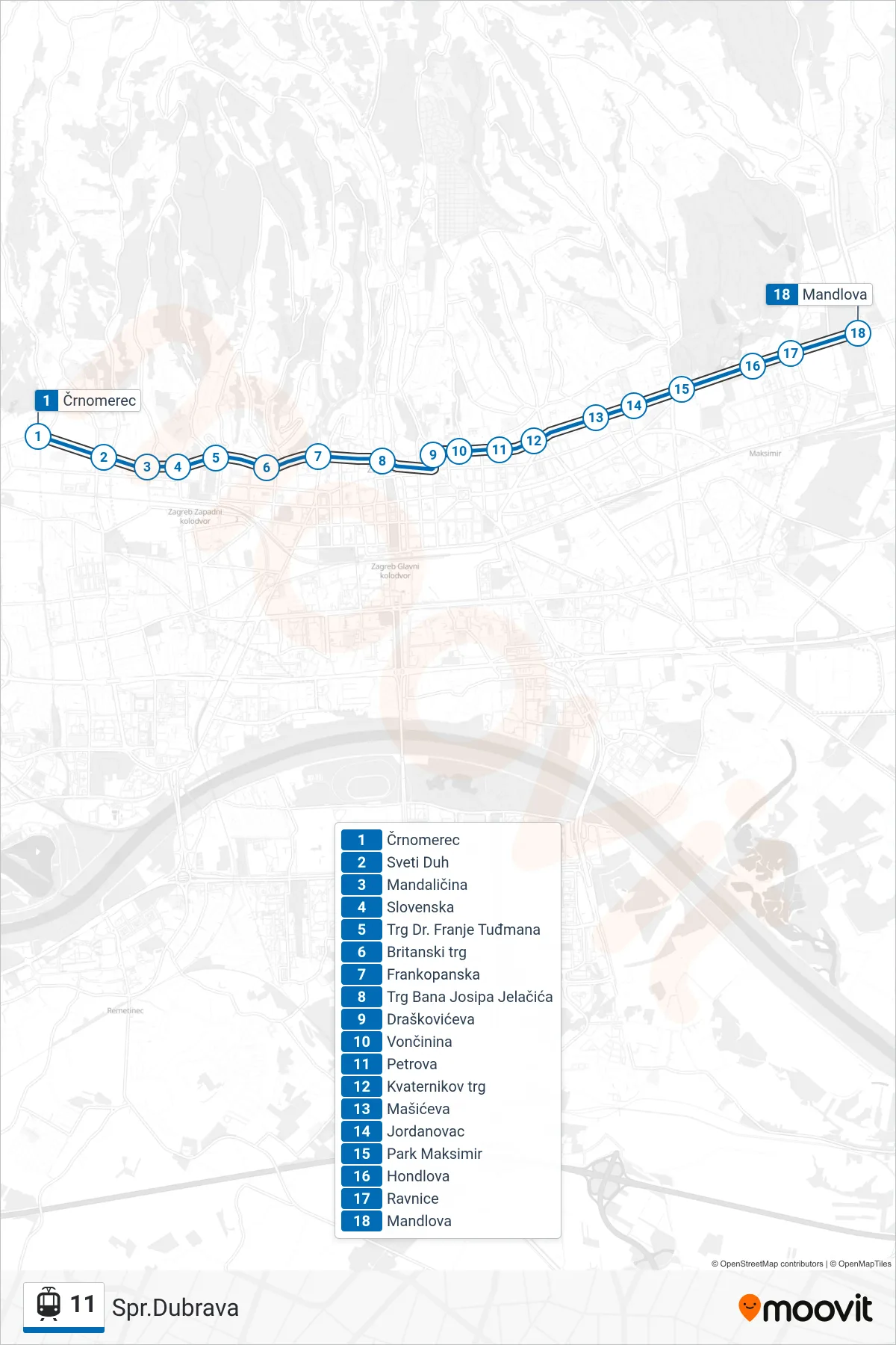 Linija 11 laka željeznica, (Spr.Dubrava) – ruta i stanice na karti