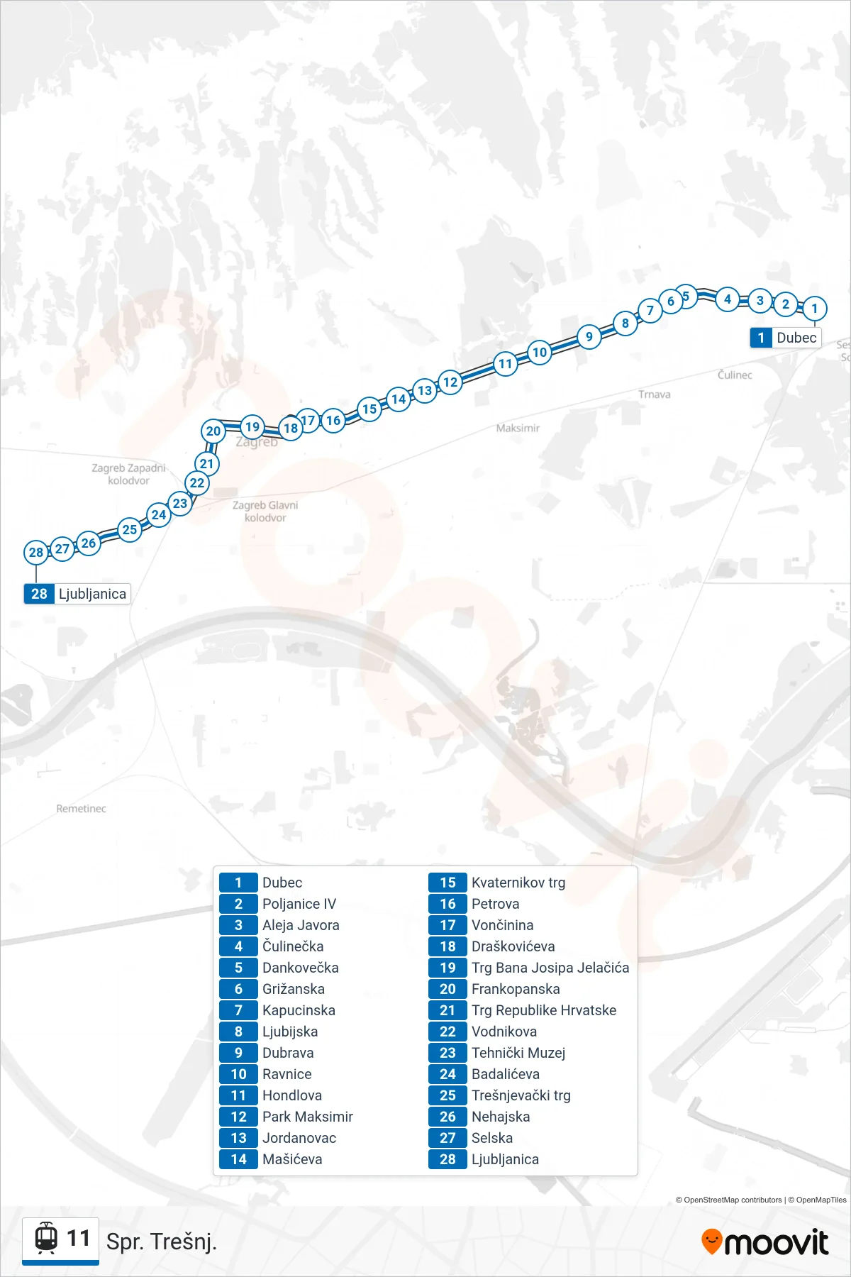 11 tram Line (Spr. Trešnj.) route and stops on a map