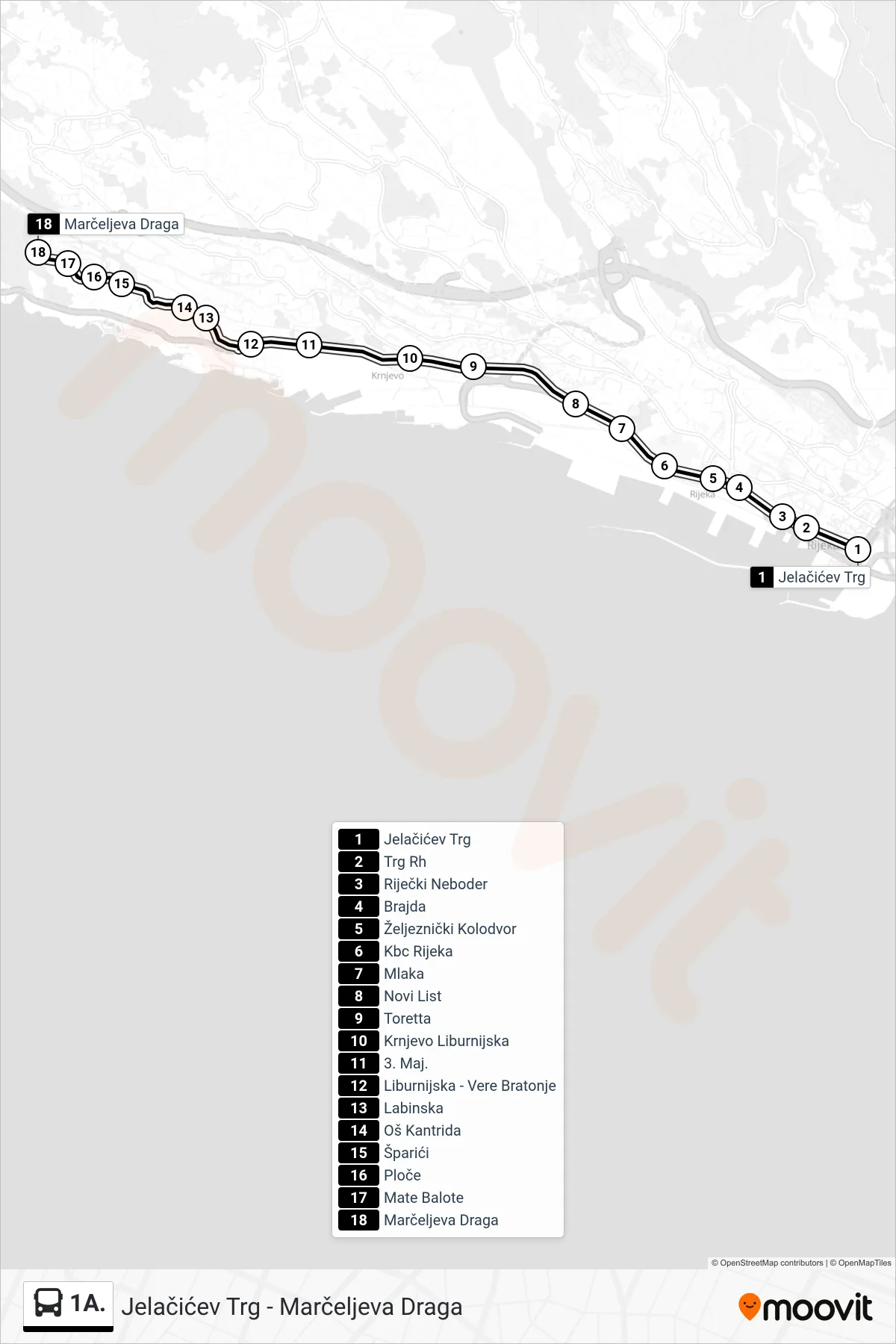 Linija 1A. autobus, (Jelačićev Trg - Marčeljeva Draga) – ruta i stanice na karti