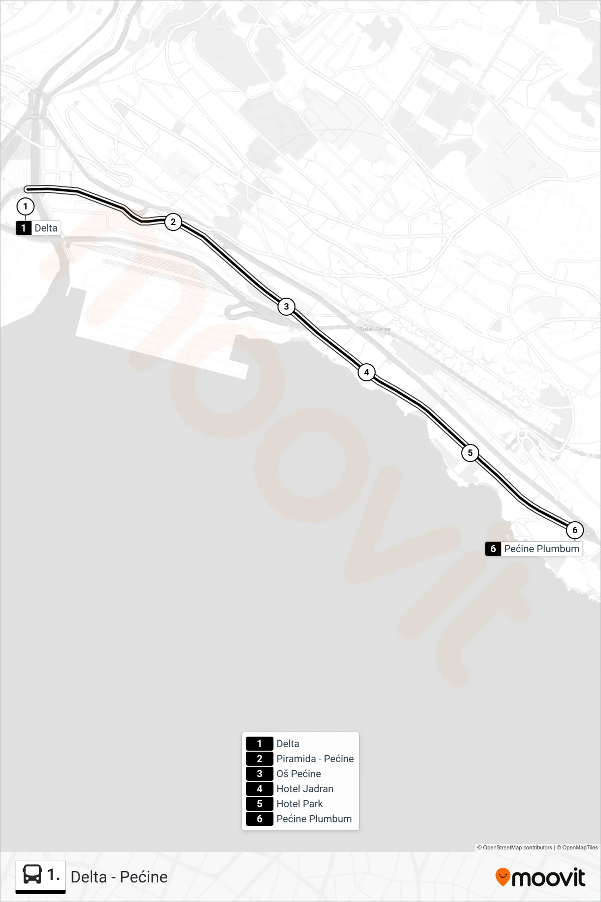 Linija 1. autobus, (Delta - Pećine) – ruta i stanice na karti