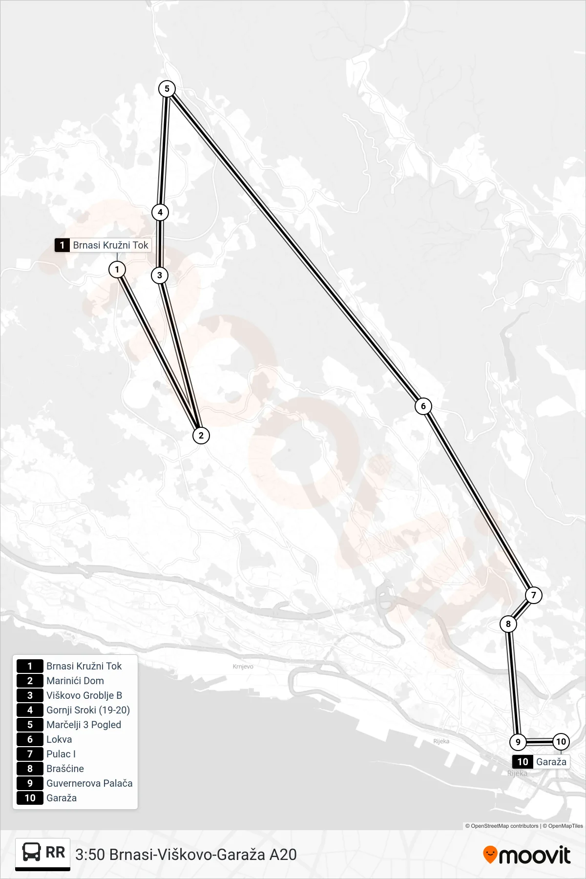 Linija RR autobus, (3:50 Brnasi-Viškovo-Garaža A20) – ruta i stanice na karti