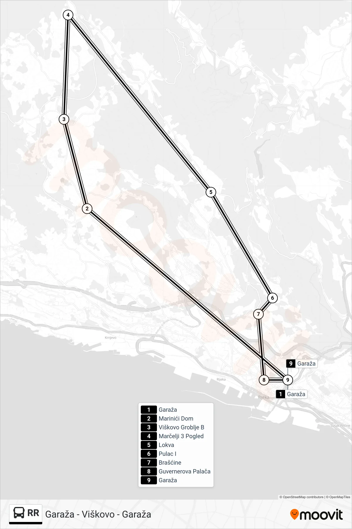 Linija RR autobus, (Garaža - Viškovo - Garaža) – ruta i stanice na karti