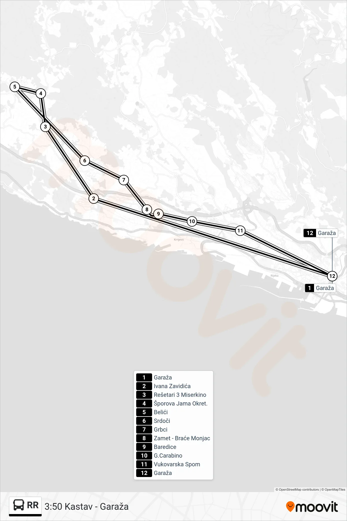 Linija RR autobus, (3:50  Kastav - Garaža) – ruta i stanice na karti