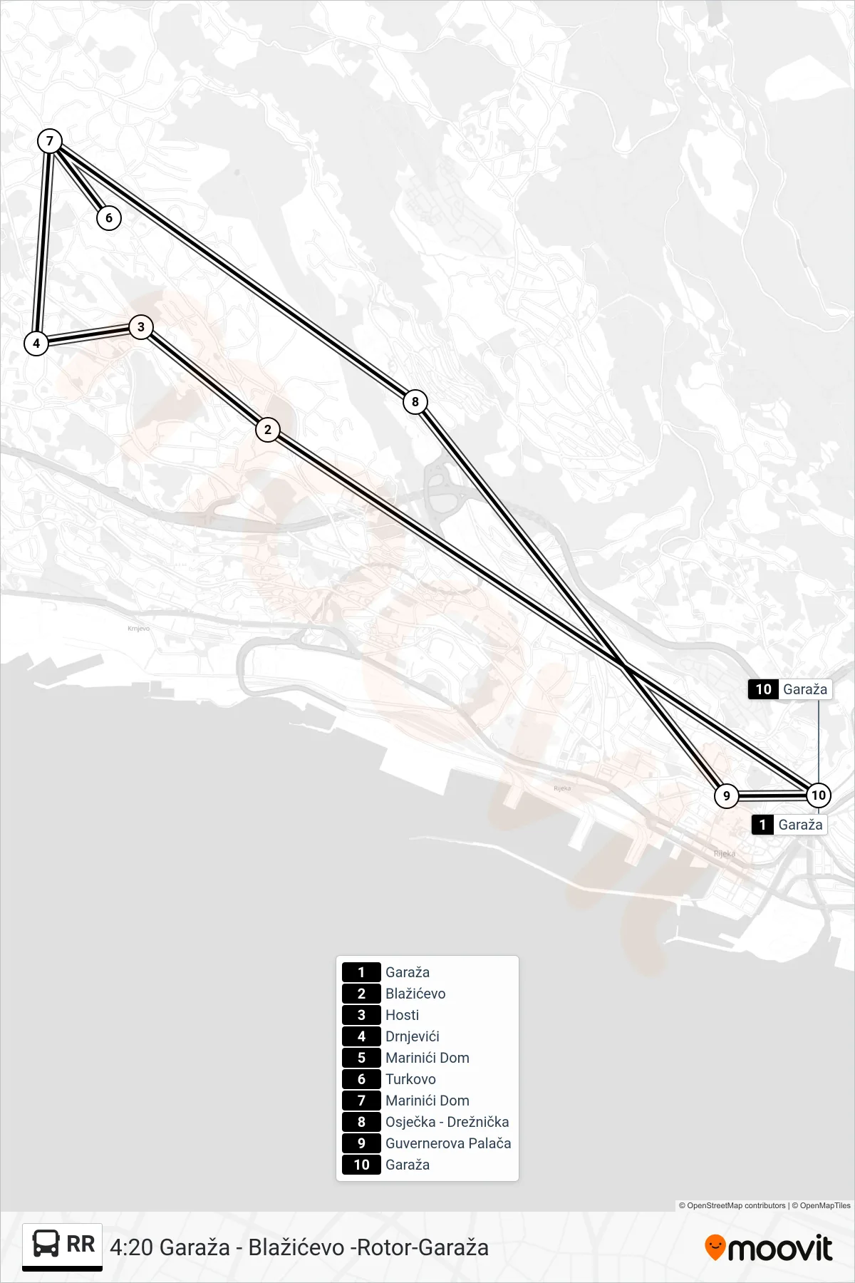RR bus Line (4:20 Garaža - Blažićevo -Rotor-Garaža) route and stops on a map