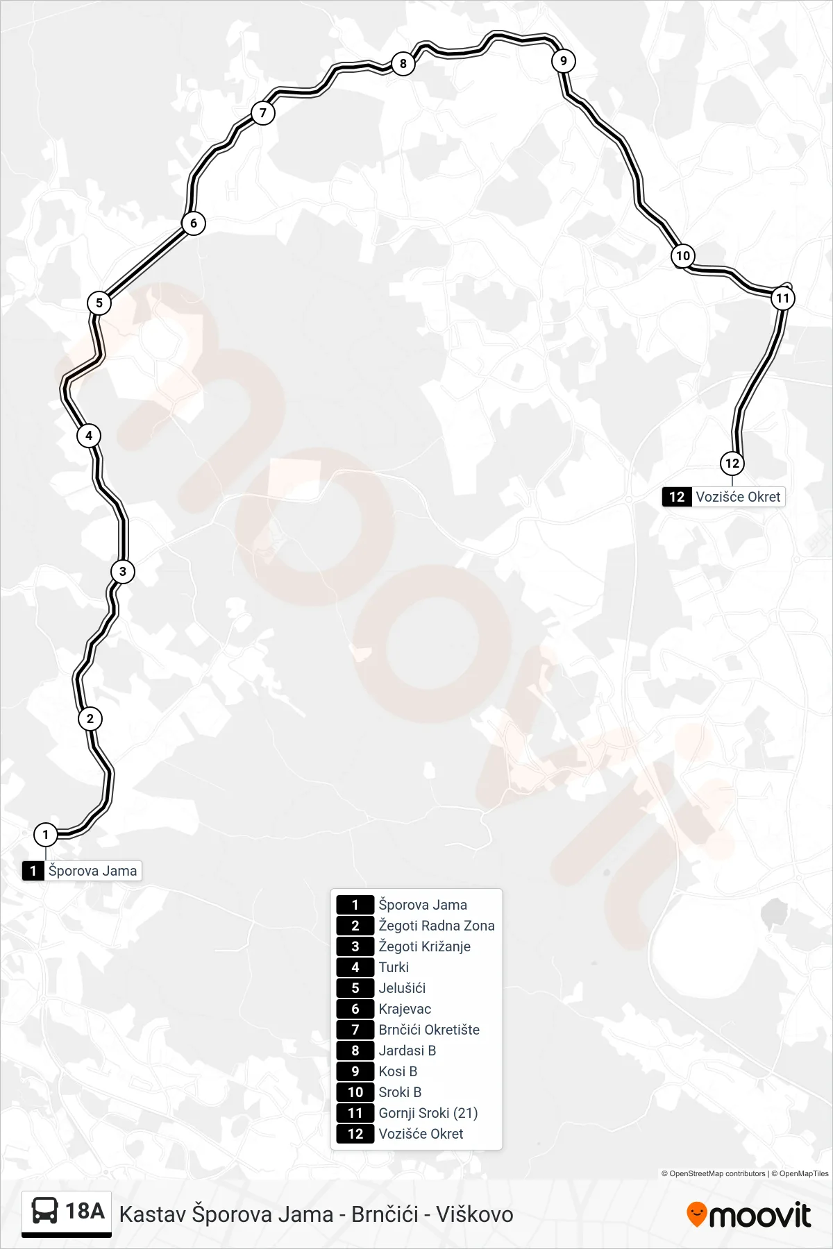 Linija 18A autobus, (Kastav Šporova Jama - Brnčići - Viškovo) – ruta i stanice na karti