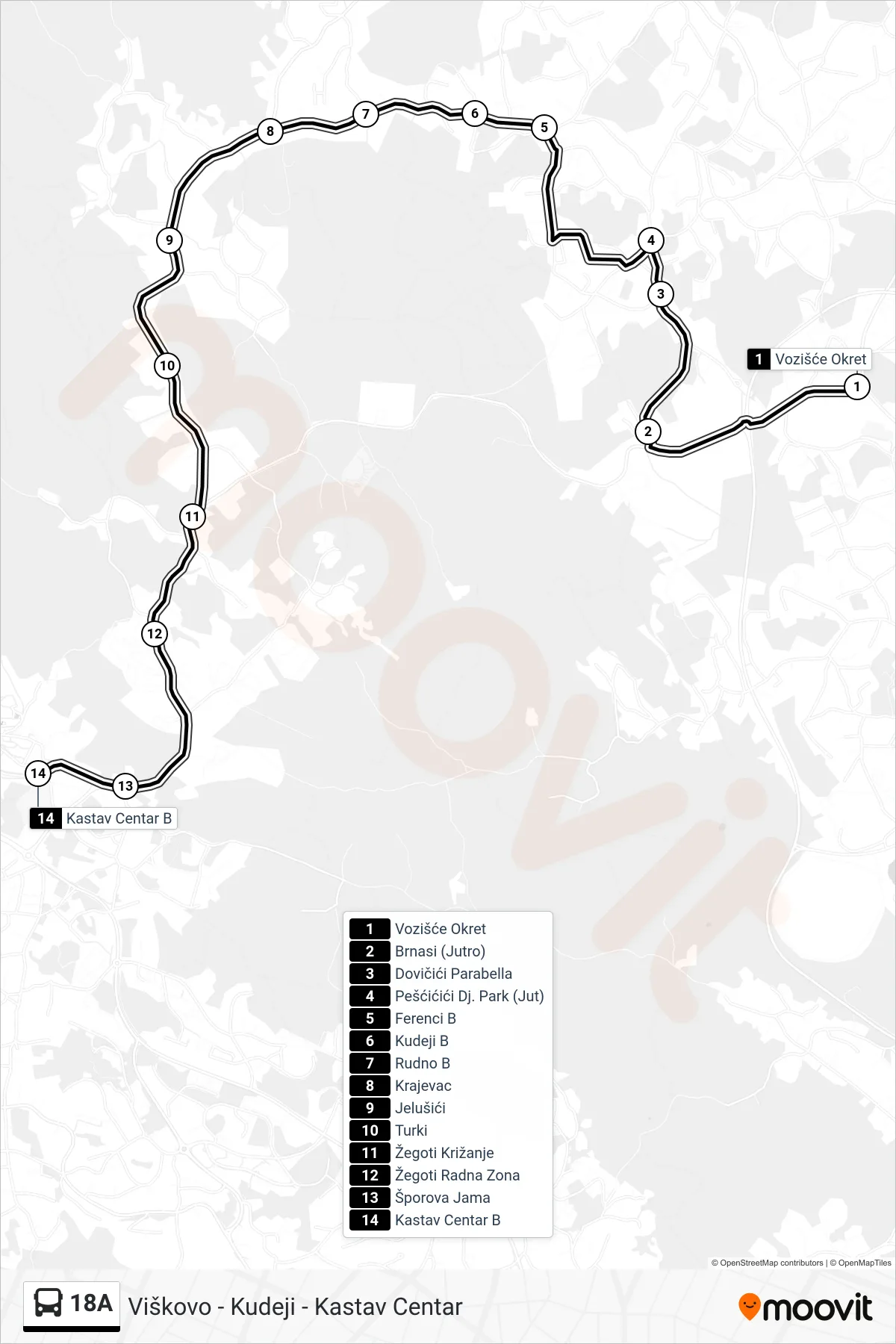Linija 18A autobus, (Viškovo - Kudeji - Kastav Centar) – ruta i stanice na karti