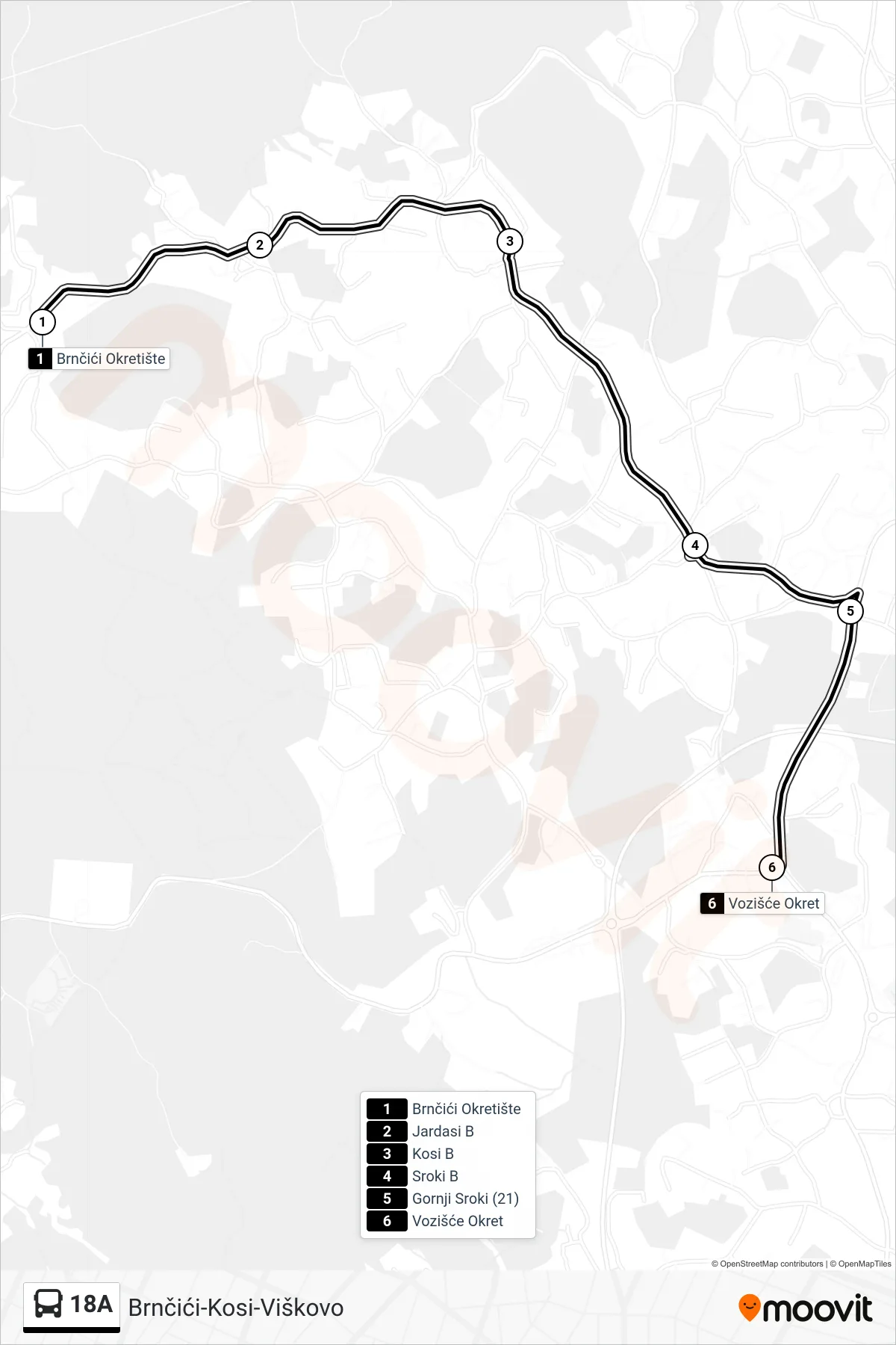 Linija 18A autobus, (Brnčići-Kosi-Viškovo) – ruta i stanice na karti