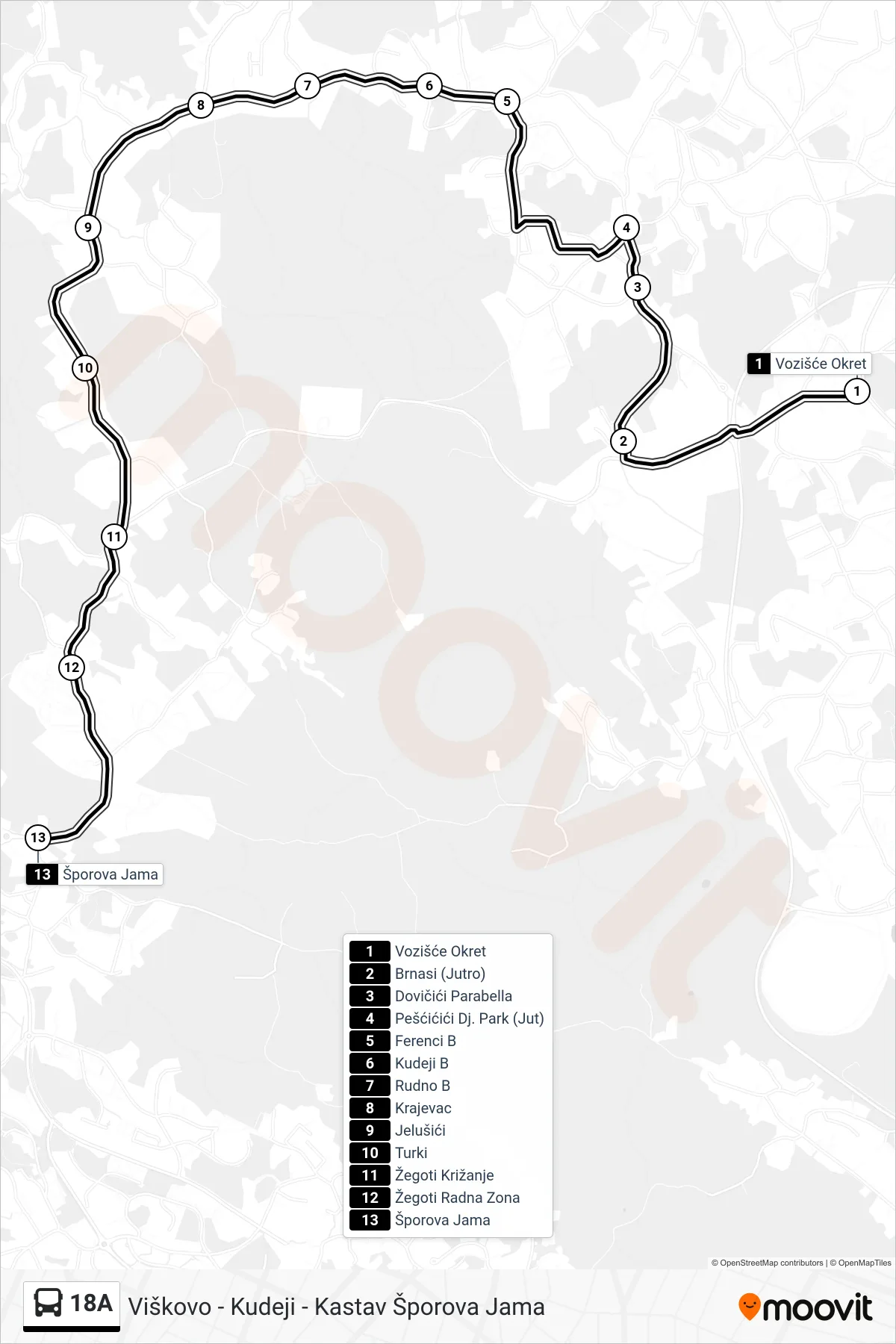 Linija 18A autobus, (Viškovo - Kudeji - Kastav Šporova Jama) – ruta i stanice na karti