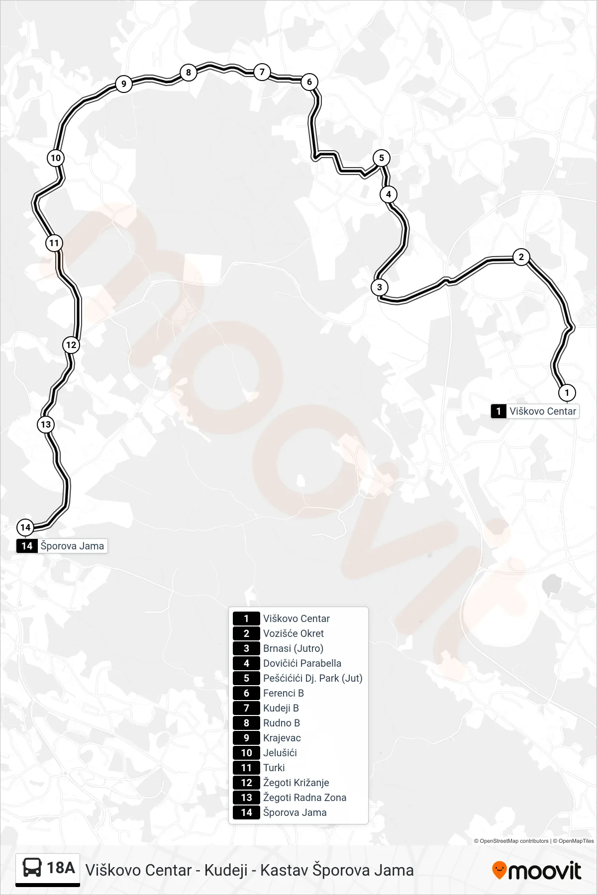 Linija 18A autobus, (Viškovo Centar - Kudeji - Kastav Šporova Jama) – ruta i stanice na karti