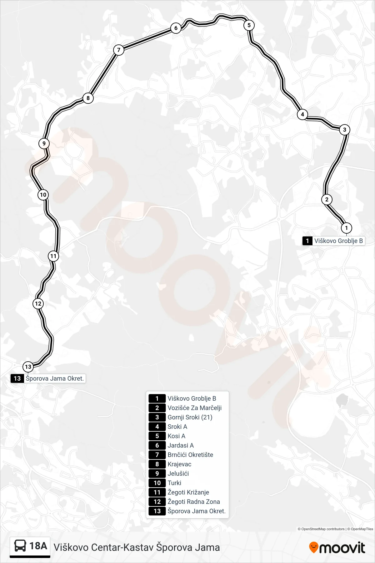 Linija 18A autobus, (Viškovo Centar-Kastav Šporova Jama) – ruta i stanice na karti