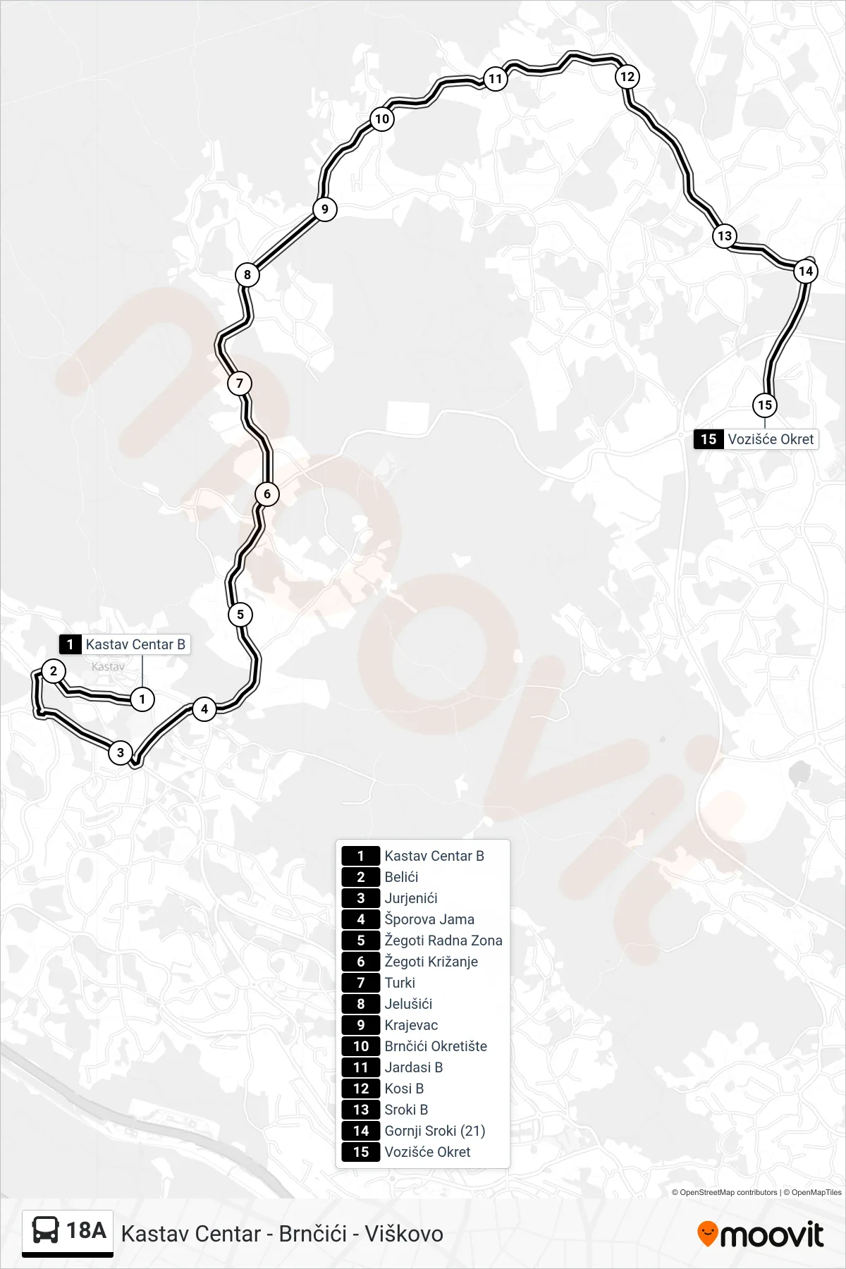 Linija 18A autobus, (Kastav Centar - Brnčići - Viškovo) – ruta i stanice na karti