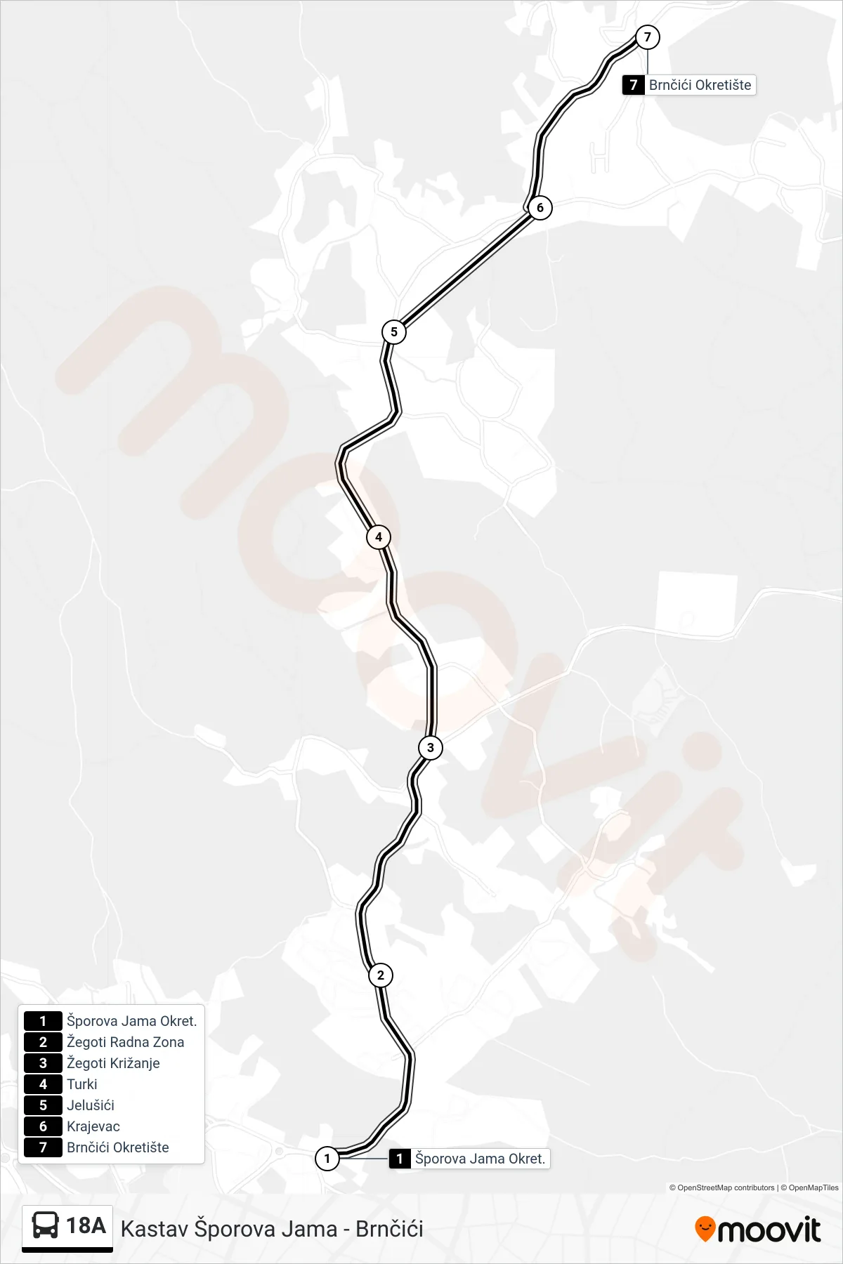 Linija 18A autobus, (Kastav Šporova Jama - Brnčići) – ruta i stanice na karti