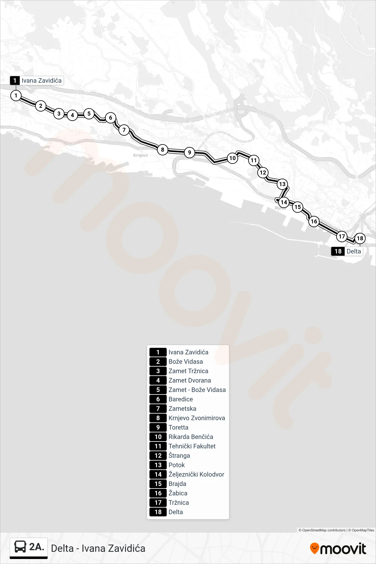 Linija 2A. autobus, (I. Zavidića - Vukovarska - Delta) – ruta i stanice na karti