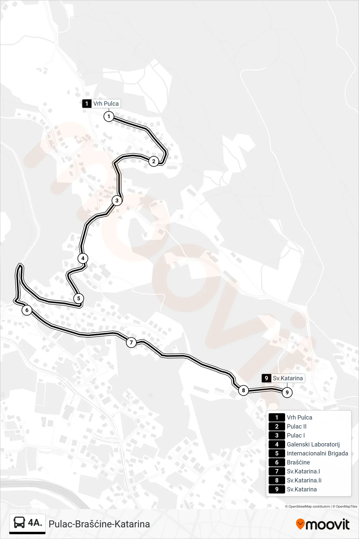 Linija 4A. autobus, (Pulac-Brašćine-Katarina) – ruta i stanice na karti