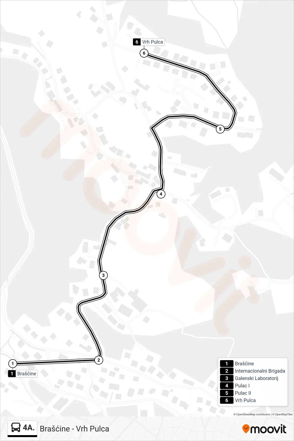Linija 4A. autobus, (Brašćine - Vrh Pulca) – ruta i stanice na karti
