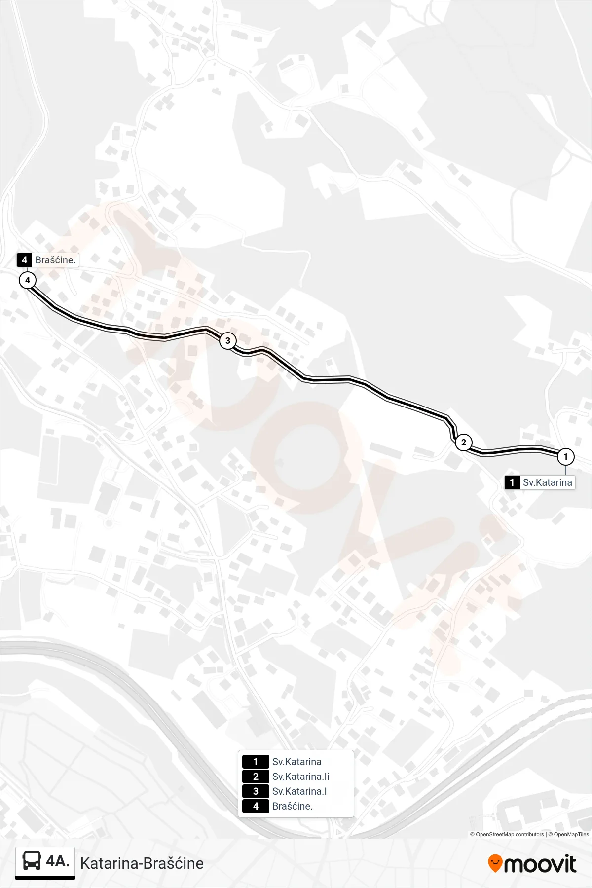 4A. bus Line (Katarina-Brašćine) route and stops on a map