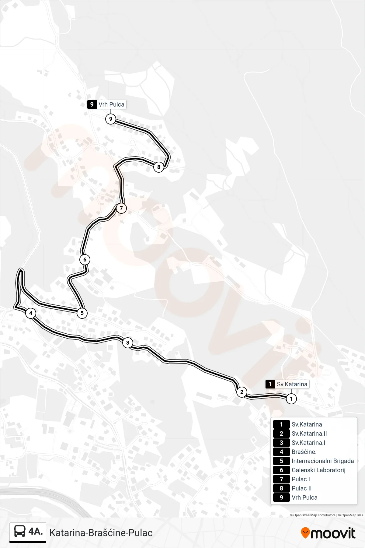 Linija 4A. autobus, (Katarina-Brašćine-Pulac) – ruta i stanice na karti