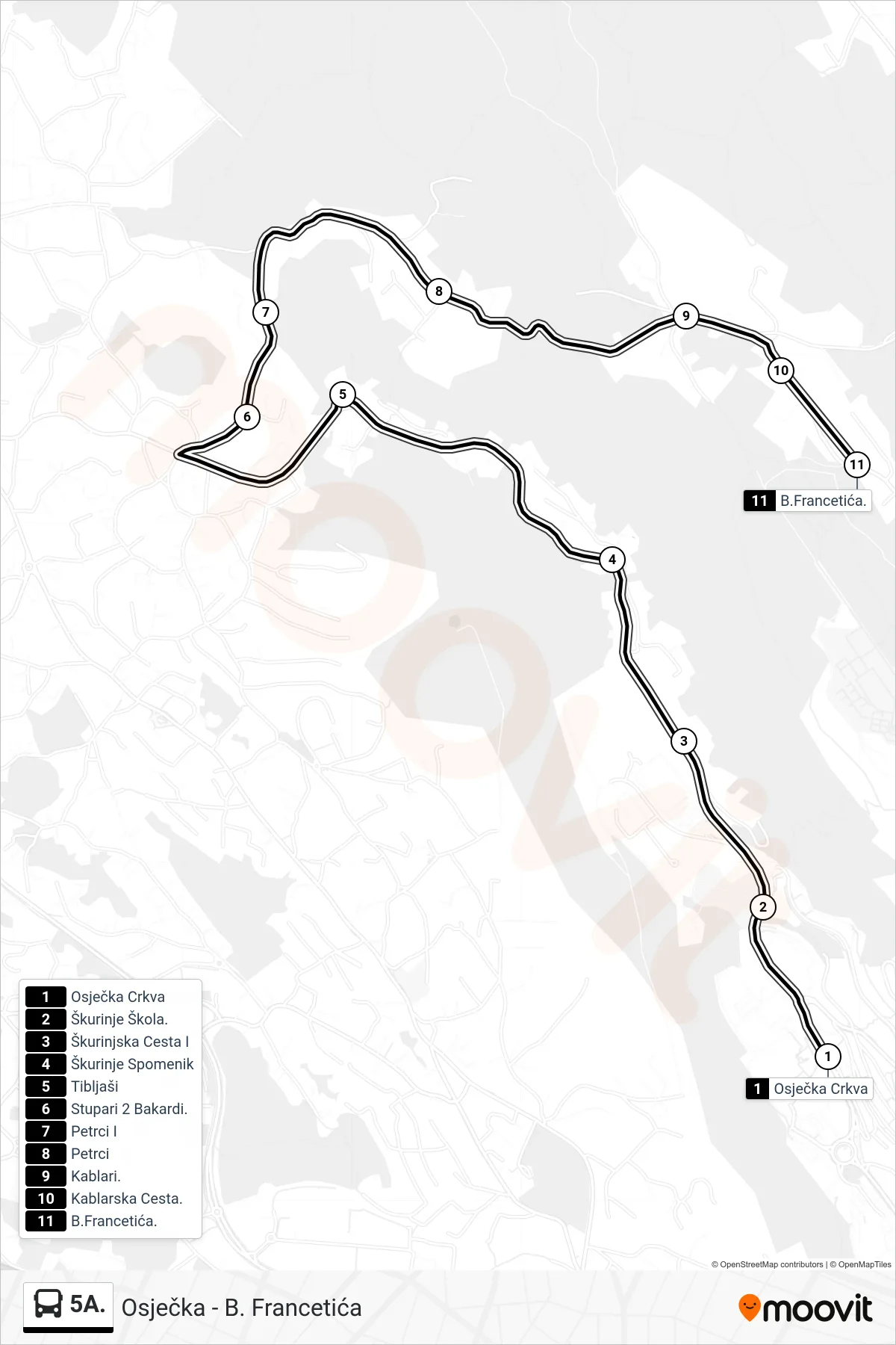 Linija 5A. autobus, (Osječka - B. Francetića) – ruta i stanice na karti