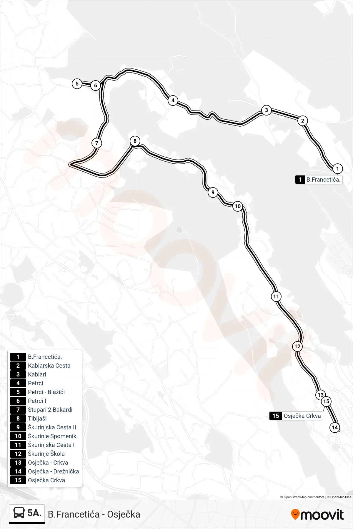 Linija 5A. autobus, (B.Francetića - Osječka) – ruta i stanice na karti