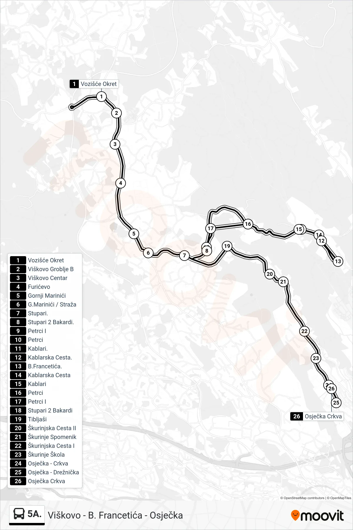 Linija 5A. autobus, (Viškovo - B. Francetića - Osječka) – ruta i stanice na karti