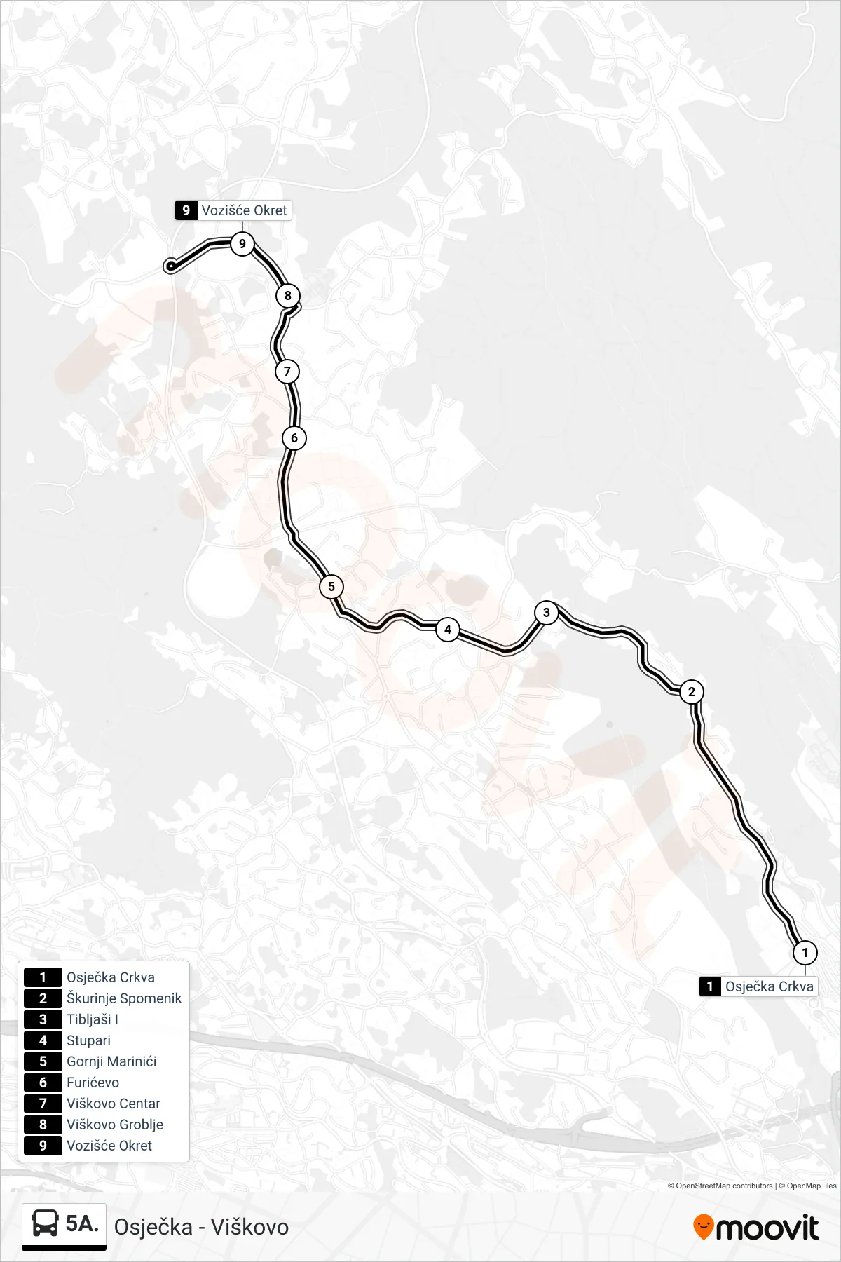 Linija 5A. autobus, (Osječka - Viškovo) – ruta i stanice na karti