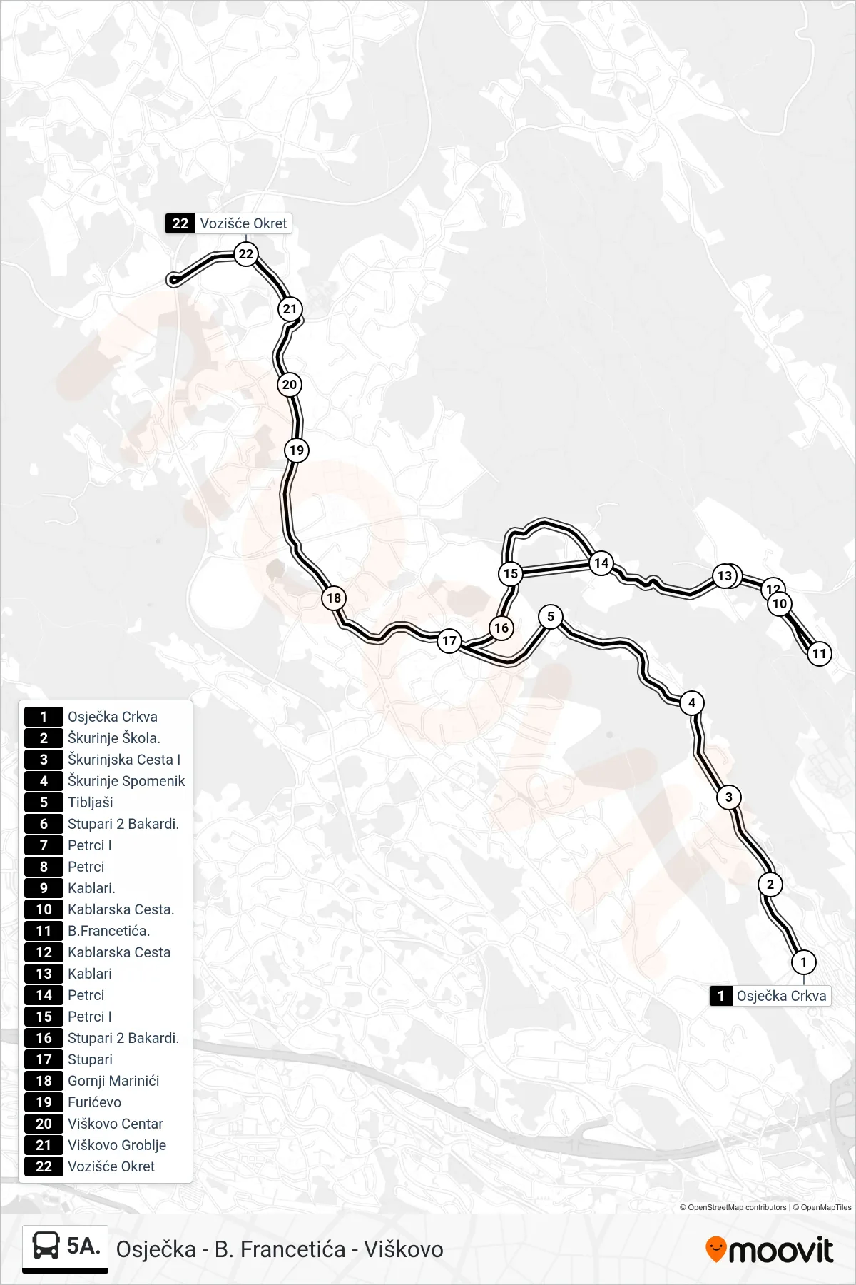 Linija 5A. autobus, (Osječka - B. Francetića - Viškovo) – ruta i stanice na karti