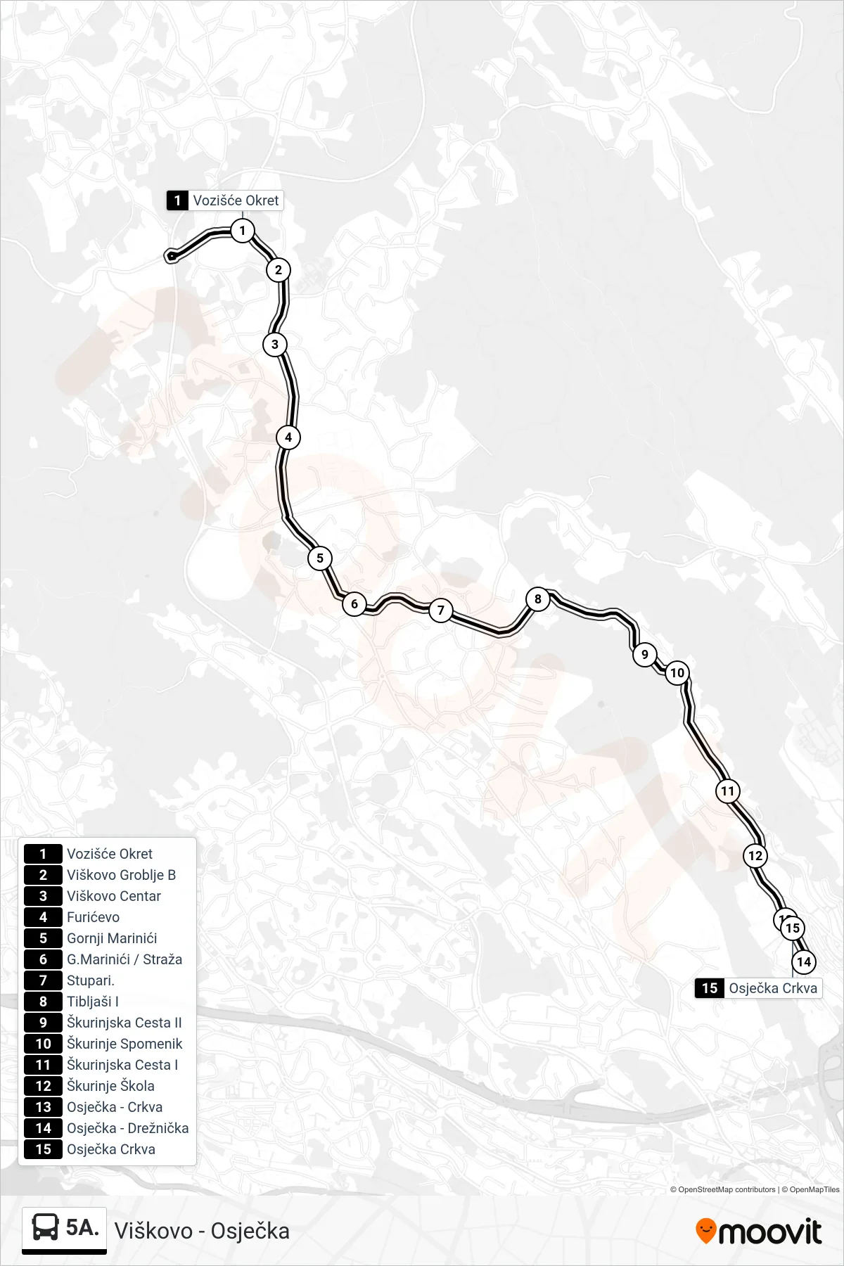 5A. bus Line (Viškovo - Osječka) route and stops on a map
