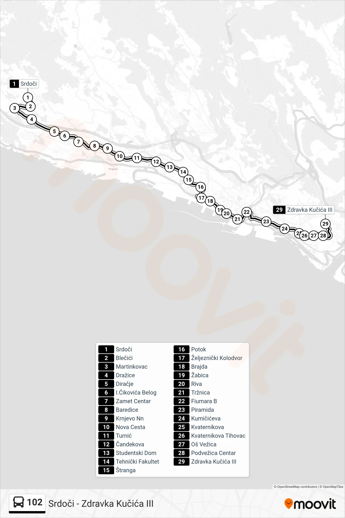 Linija 102 autobus, (Srdoči - Zdravka Kučića III) – ruta i stanice na karti