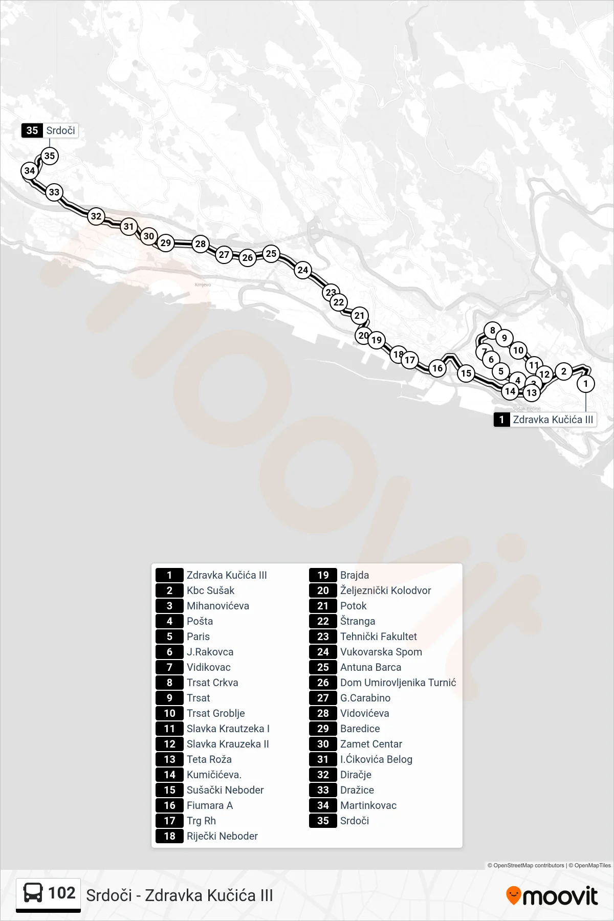 Linija 102 autobus, (Zdravka Kučića - Trsat - Krnjevo Nn - Srdoči) – ruta i stanice na karti