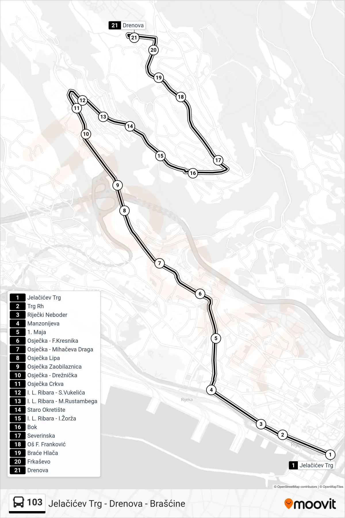 Linija 103 autobus, (Jelačićev Trg - Drenova - Brašćine) – ruta i stanice na karti