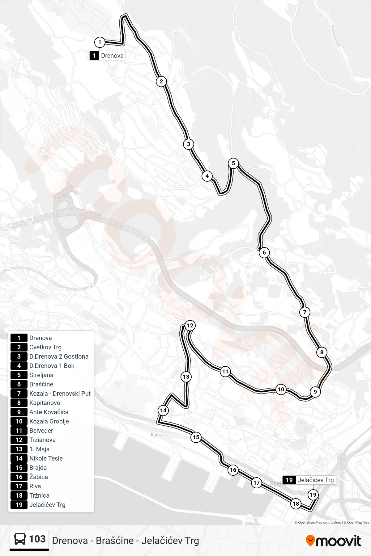 Linija 103 autobus, (Drenova - Brašćine - Jelačićev Trg) – ruta i stanice na karti