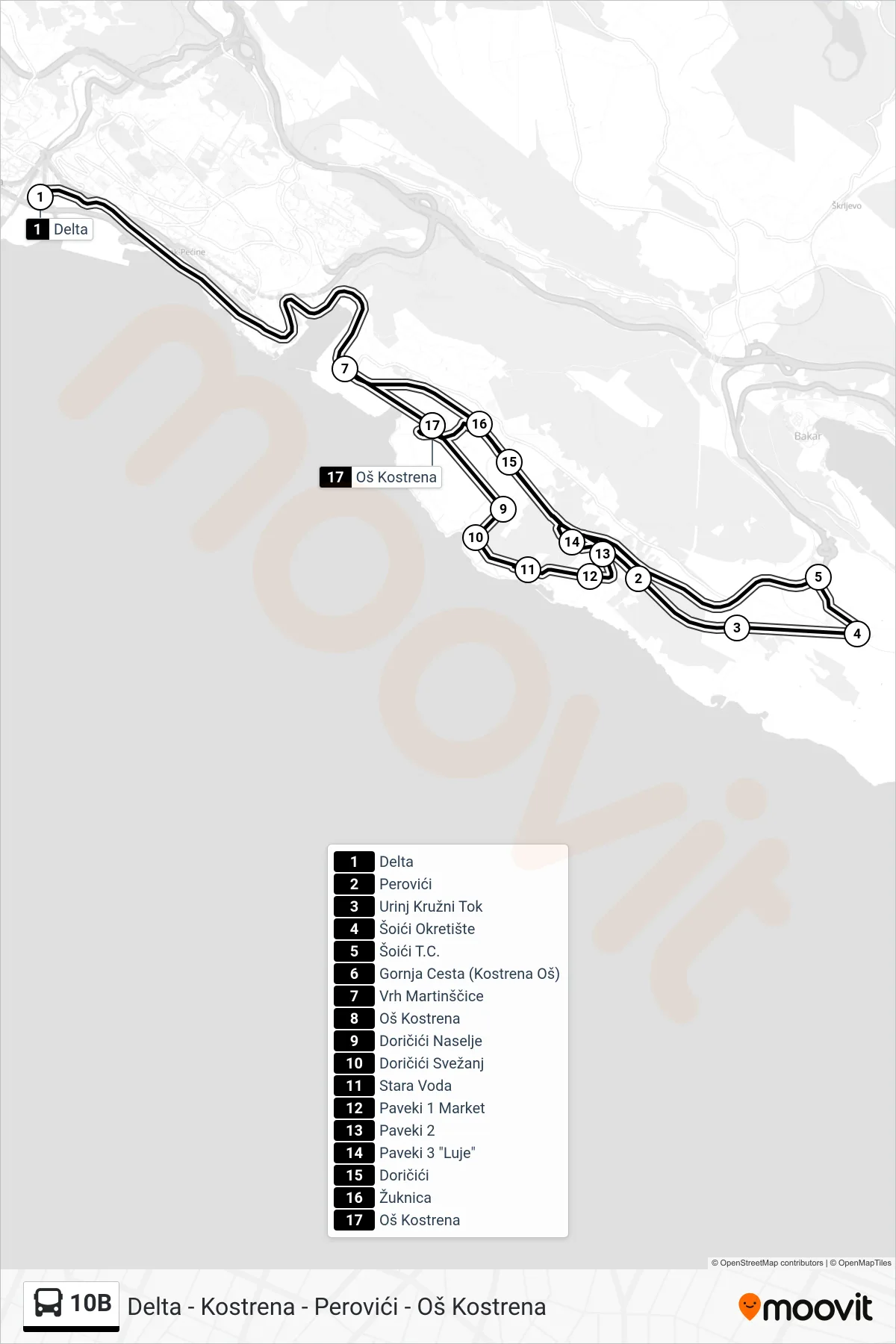 Linija 10B autobus, (Delta - Kostrena - Perovići - Oš Kostrena) – ruta i stanice na karti