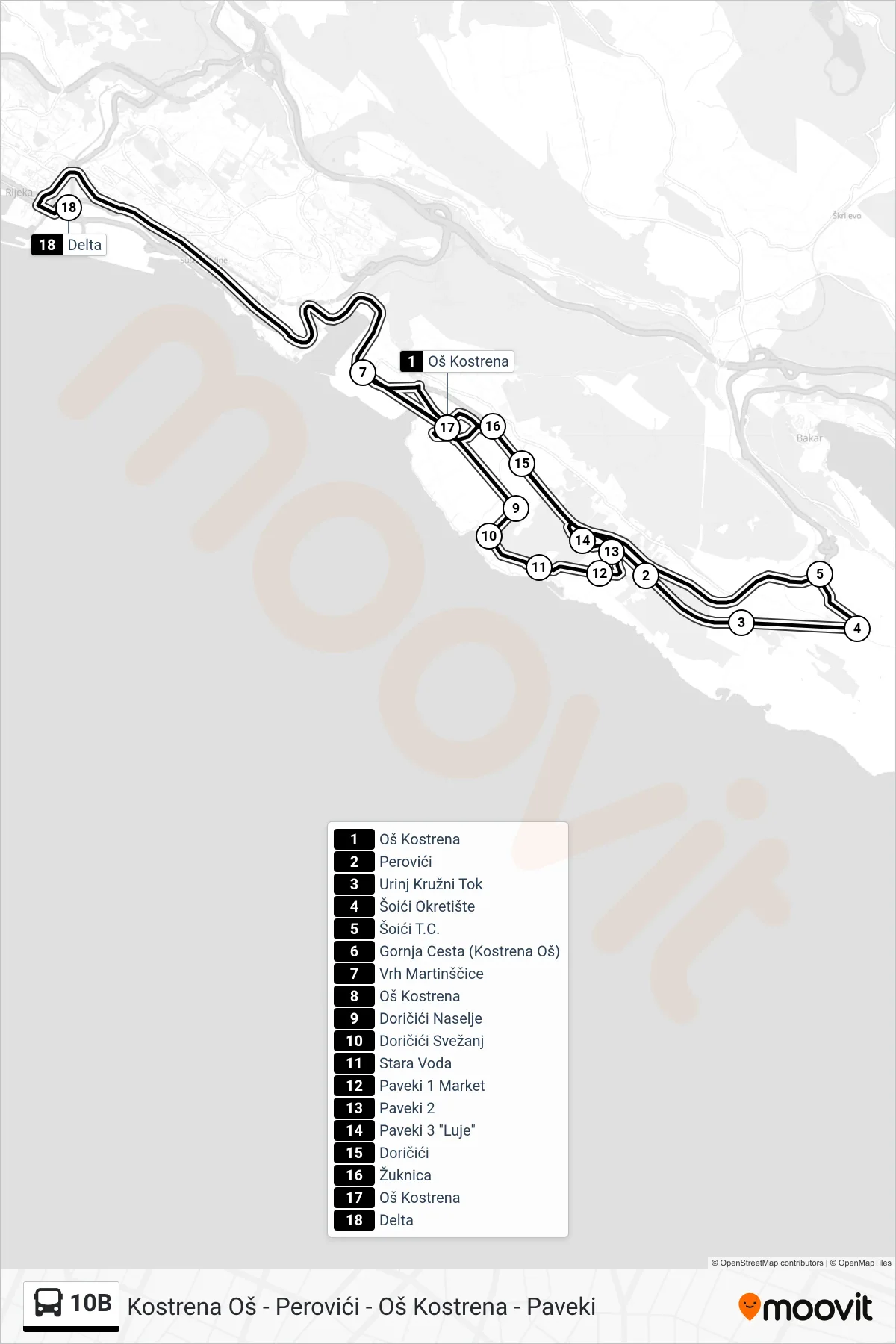 Linija 10B autobus, (Kostrena Oš - Perovići - Oš Kostrena - Paveki) – ruta i stanice na karti