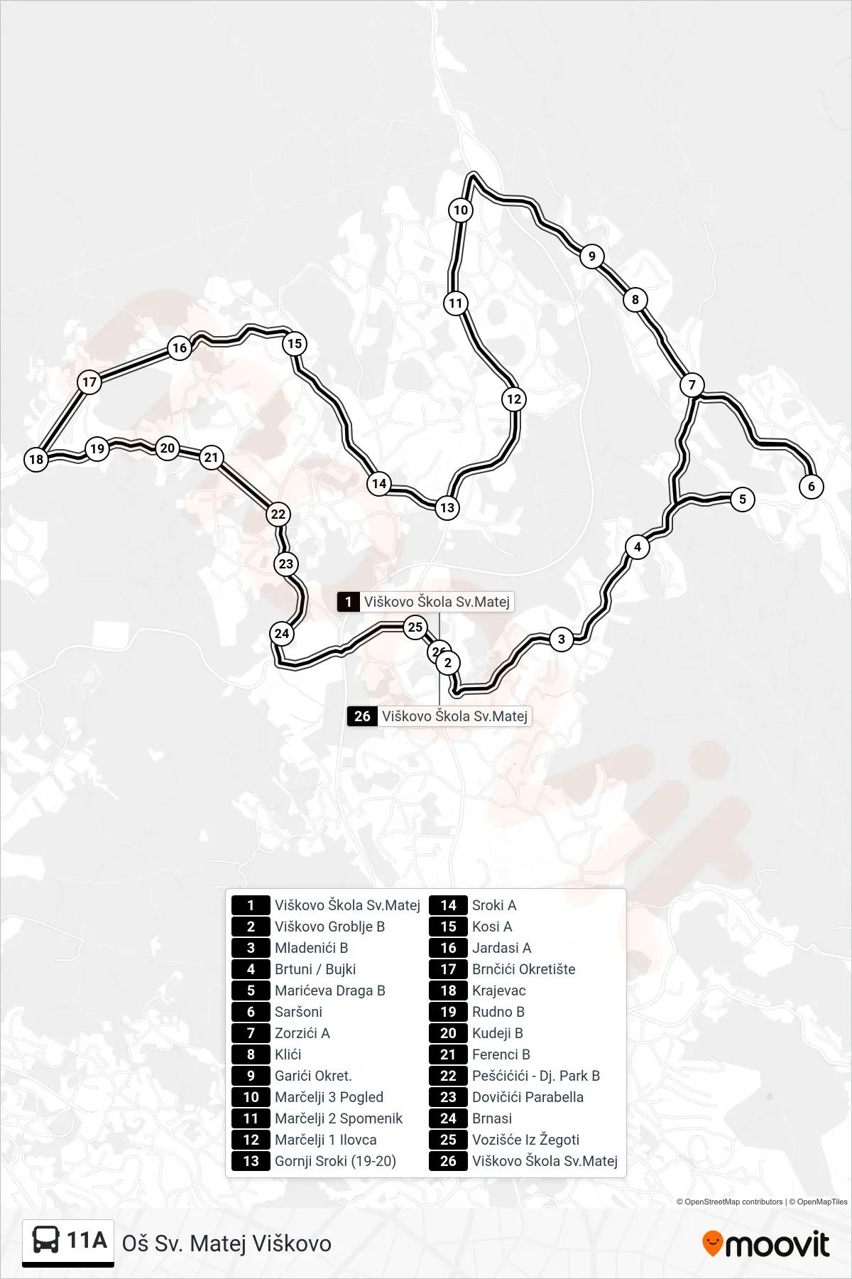 Linija 11A autobus, (Oš Sv. Matej Viškovo) – ruta i stanice na karti