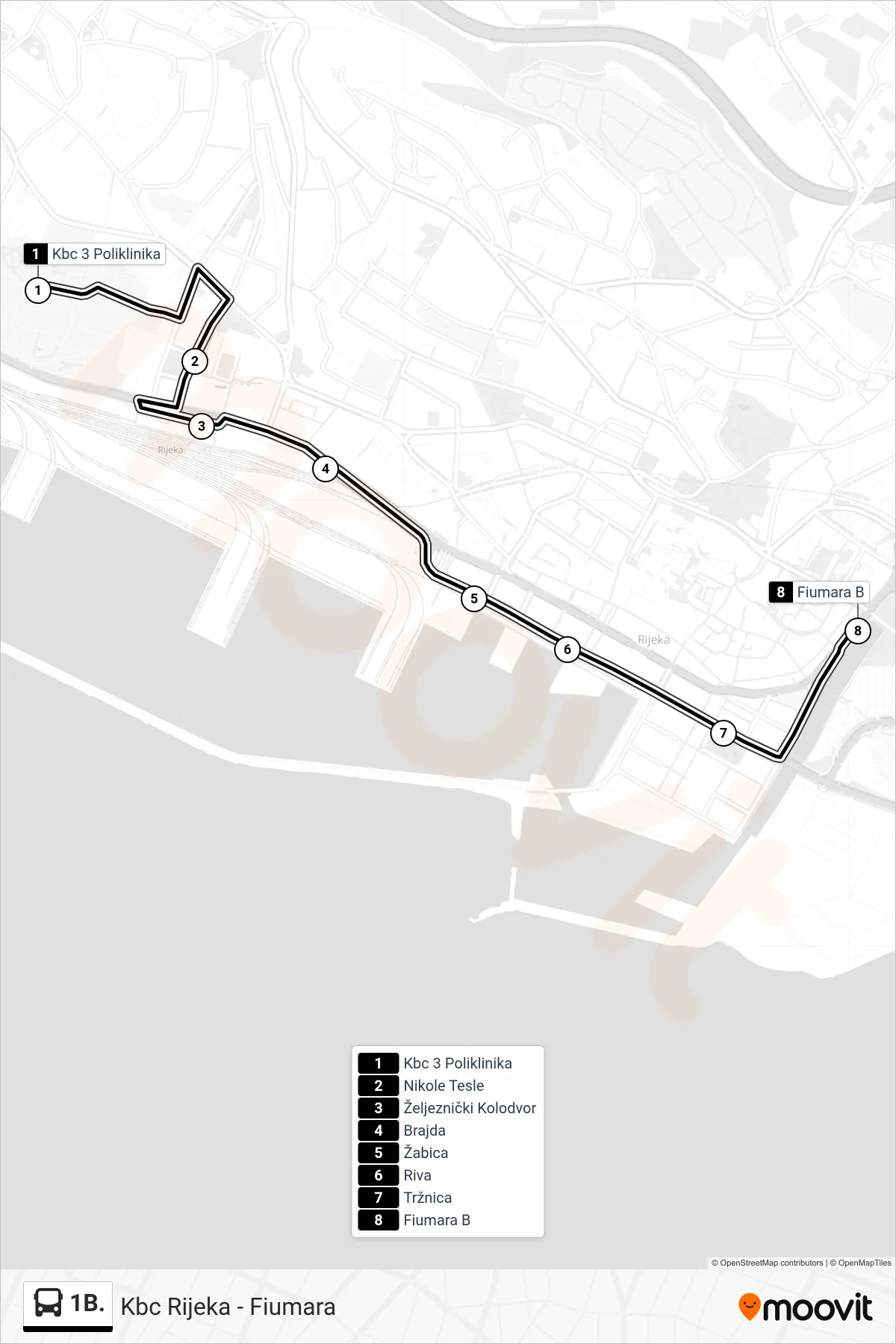 Linija 1B. autobus, (Kbc Rijeka - Fiumara) – ruta i stanice na karti