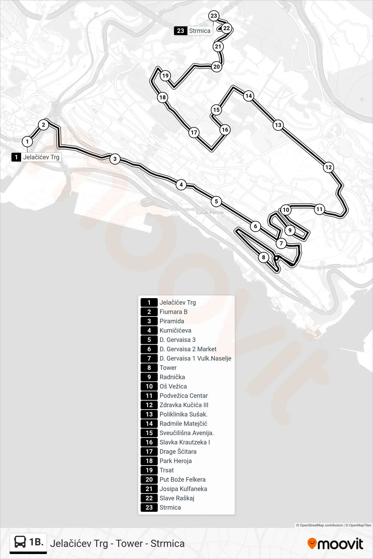 1B. bus Line (Jelačićev Trg - Tower - Strmica) route and stops on a map
