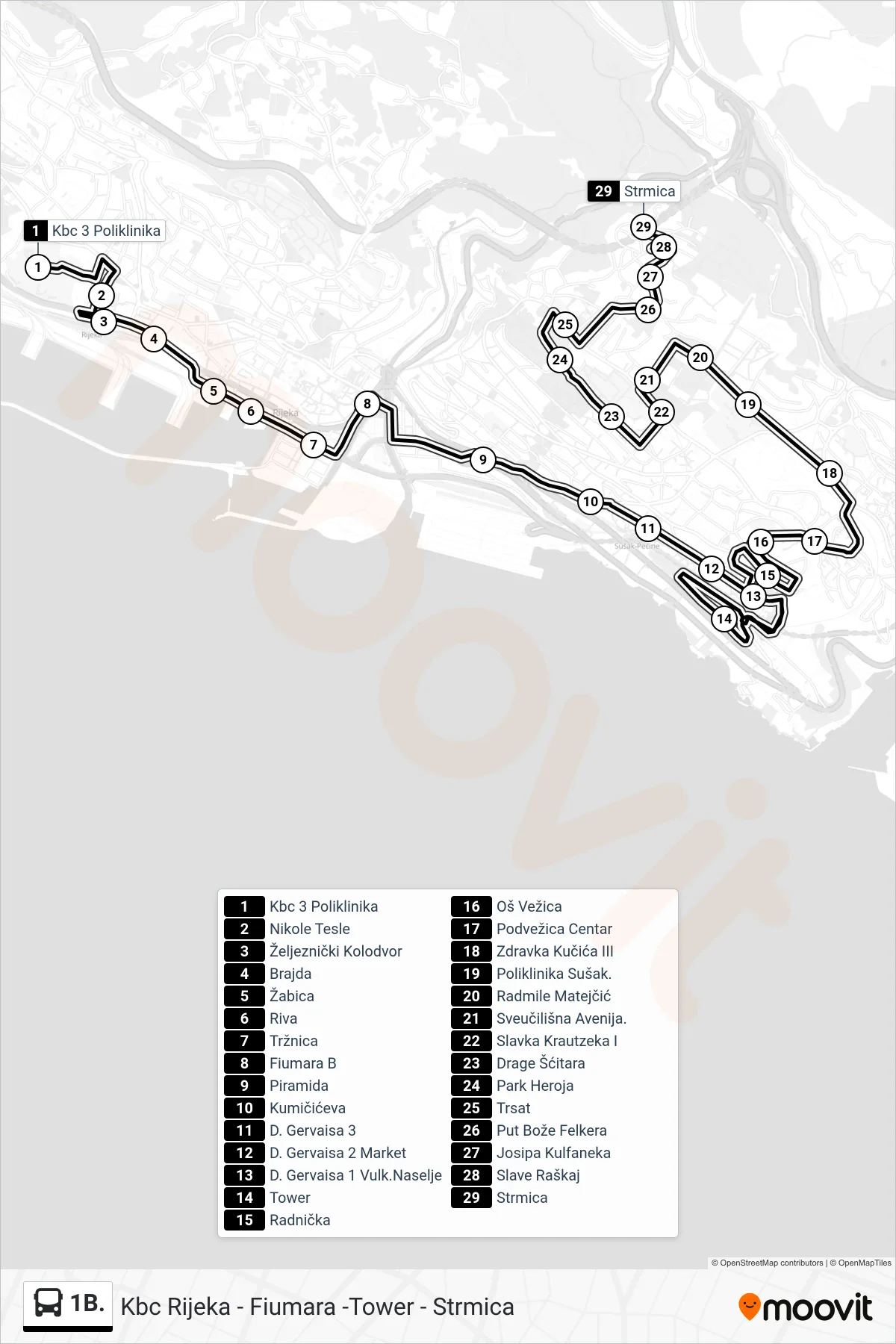 Linija 1B. autobus, (Kbc Rijeka - Fiumara -Tower - Strmica) – ruta i stanice na karti
