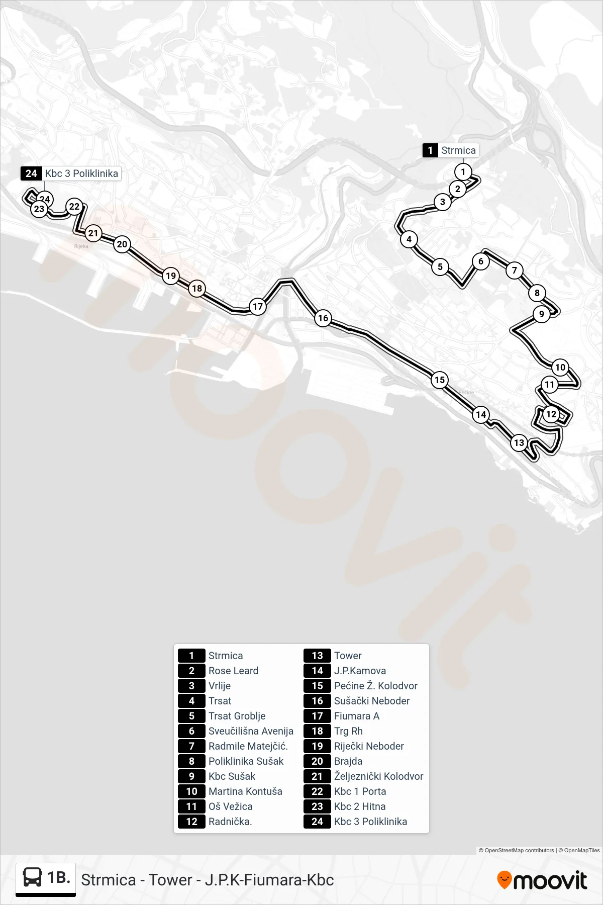 Linija 1B. autobus, (Strmica - Tower - J.P.K-Fiumara-Kbc) – ruta i stanice na karti