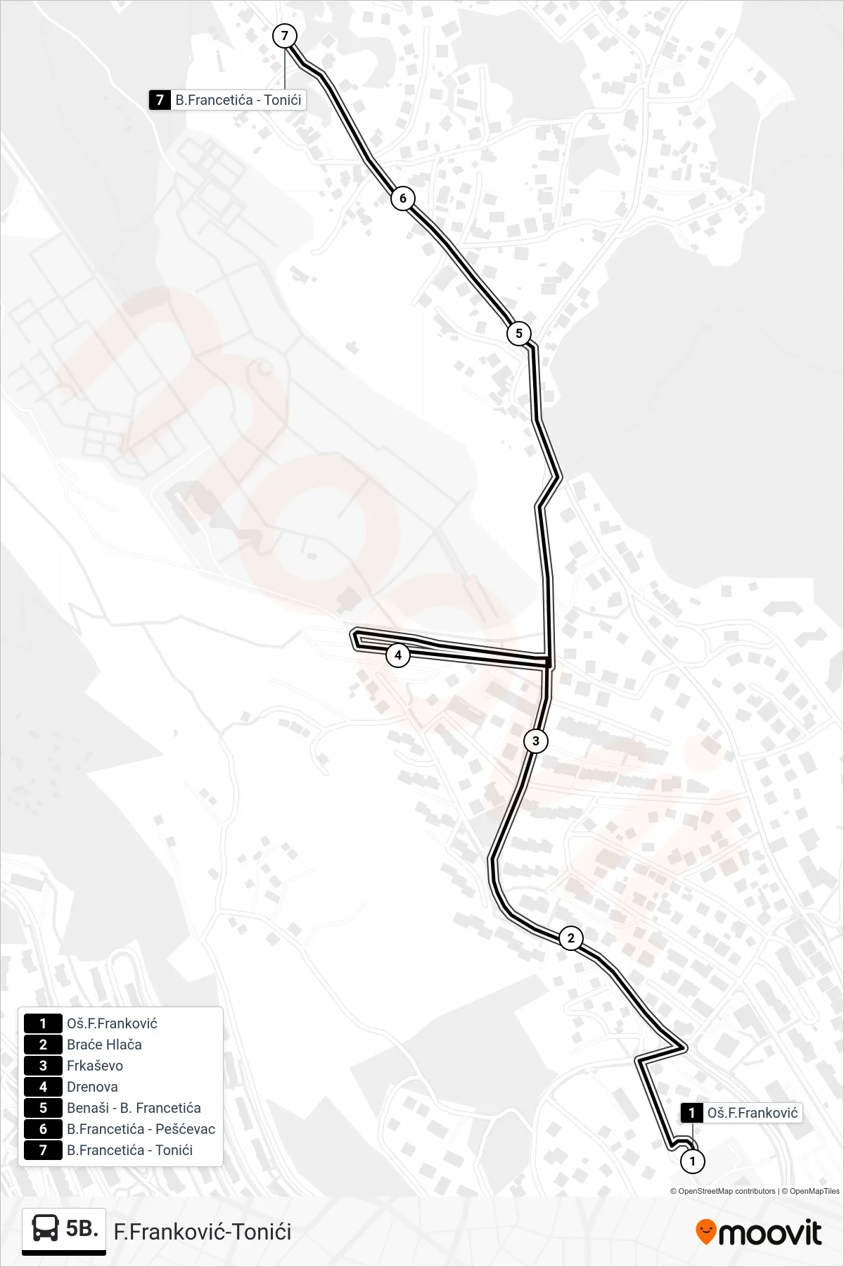 5B. bus Line (F.Franković-Tonići) route and stops on a map