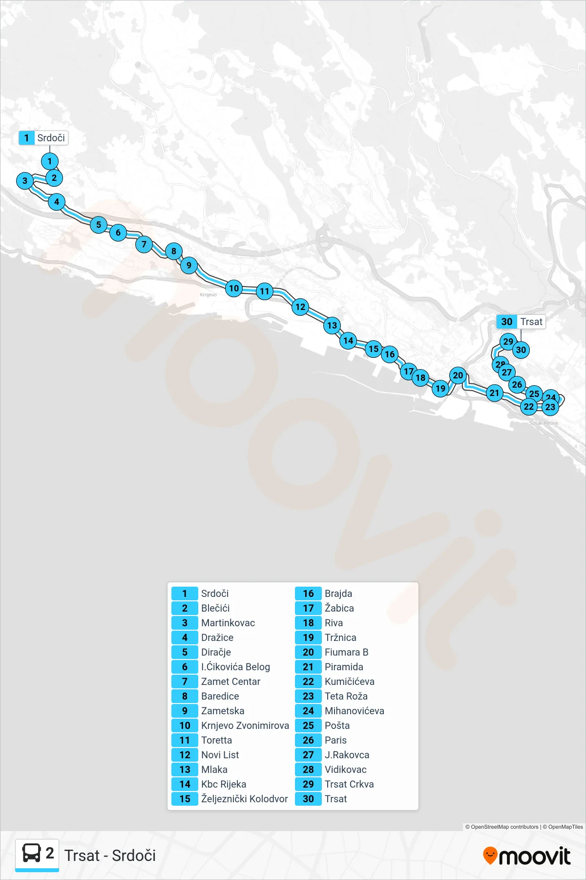 Linija 2 autobus, (Srdoči - Riva - Trsat) – ruta i stanice na karti