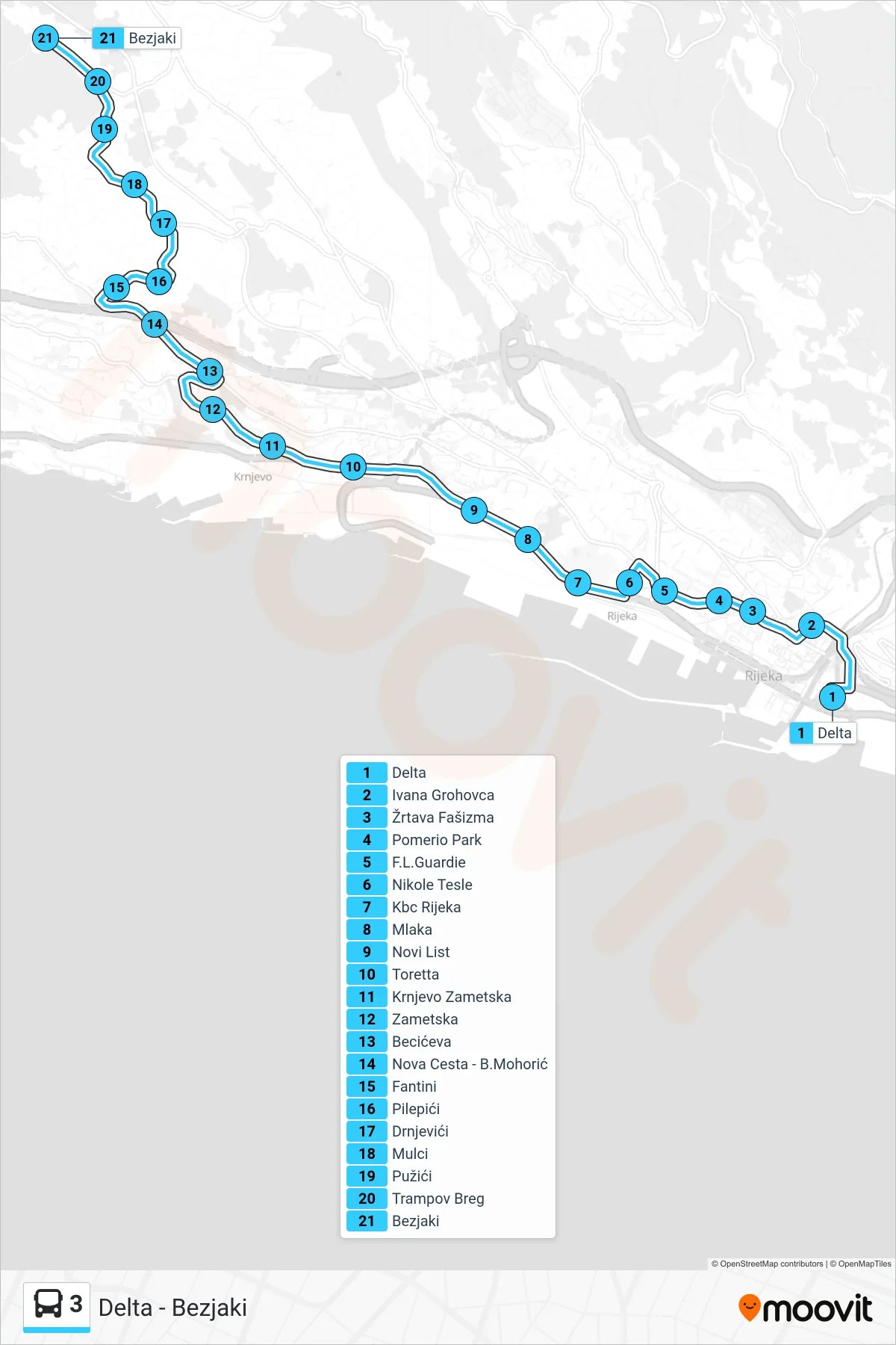 3 bus Line (Delta - Bezjaki) route and stops on a map