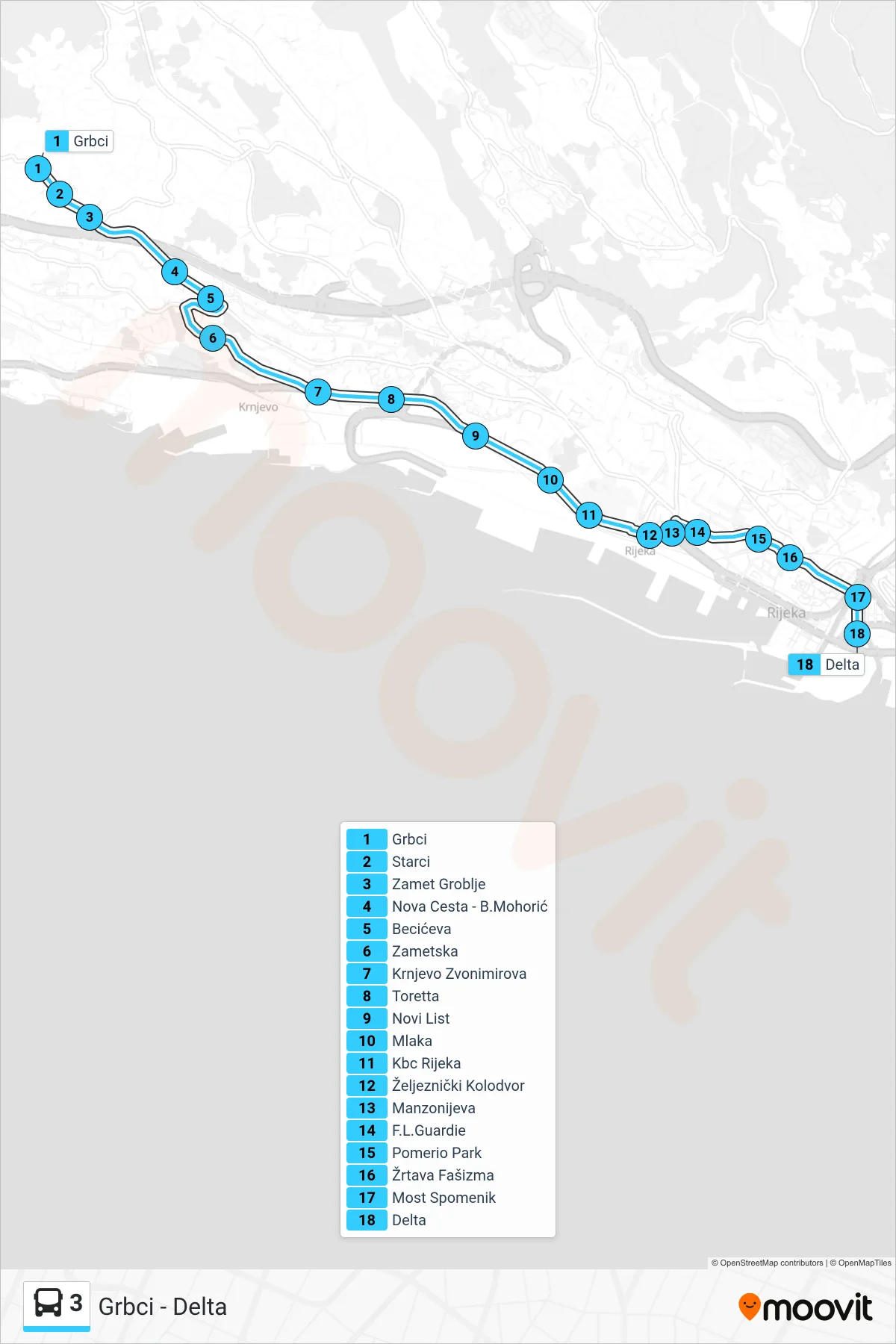 Linija 3 autobus, (Grbci - Delta) – ruta i stanice na karti