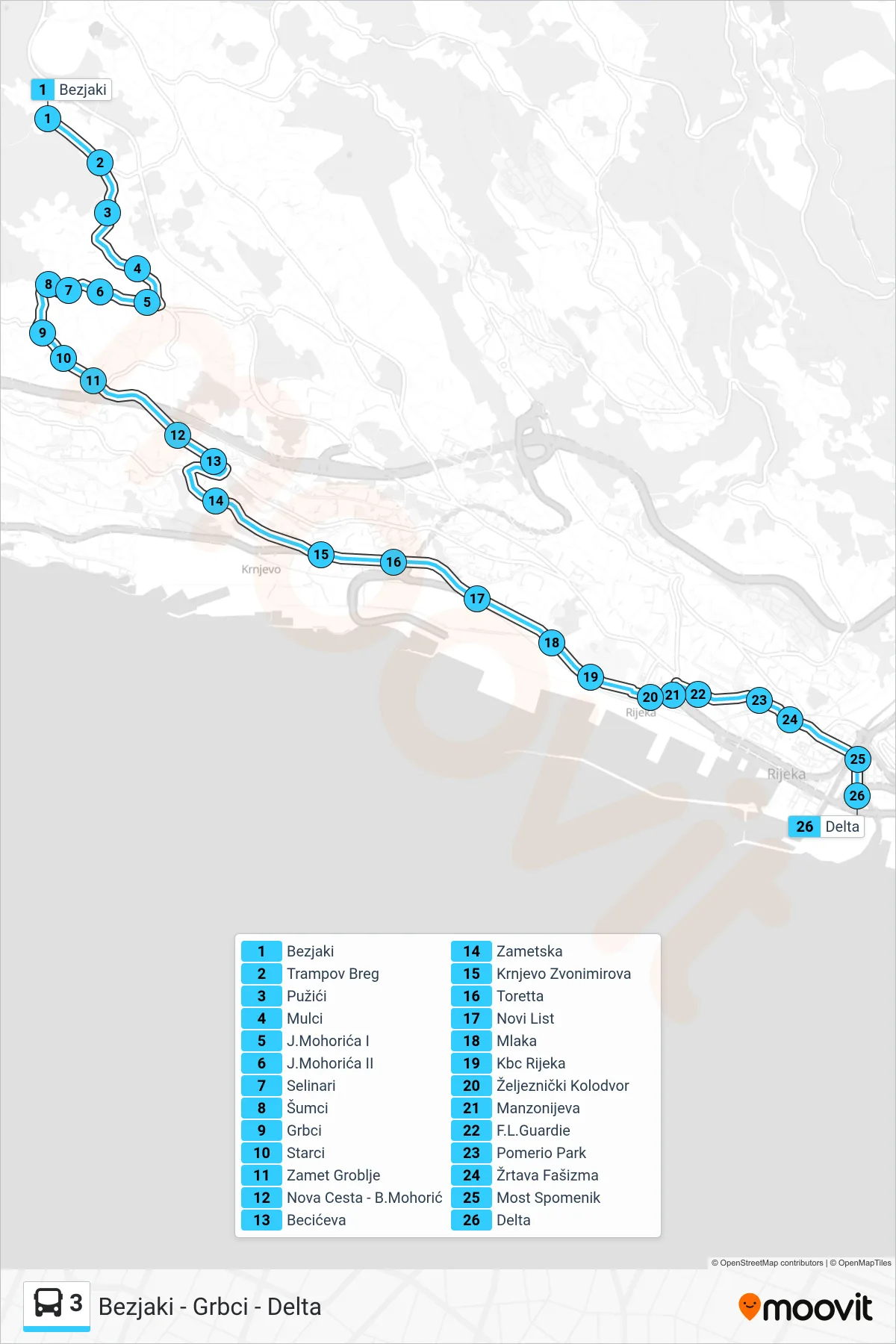 Linija 3 autobus, (Bezjaki - Grbci - Delta) – ruta i stanice na karti