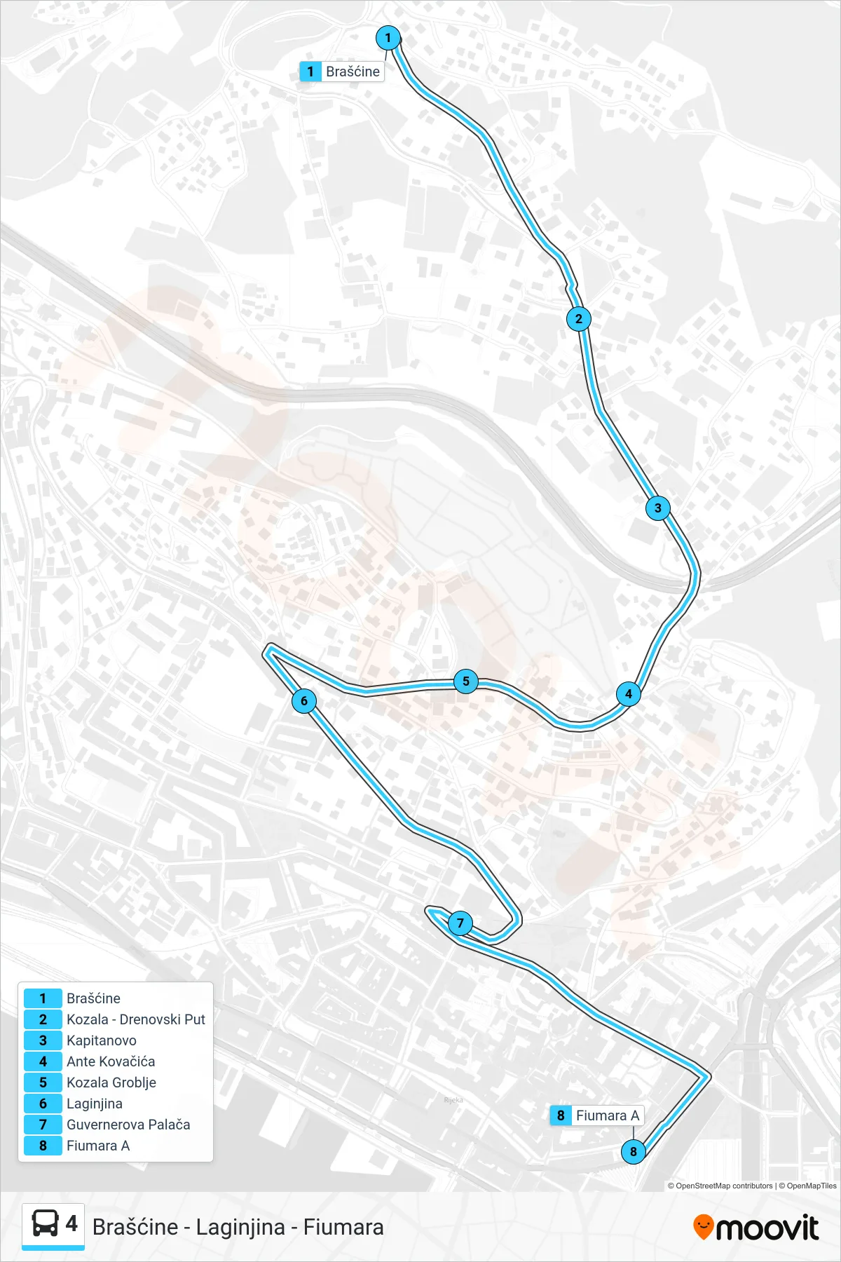 4 bus Line (Brašćine - Laginjina - Fiumara) route and stops on a map
