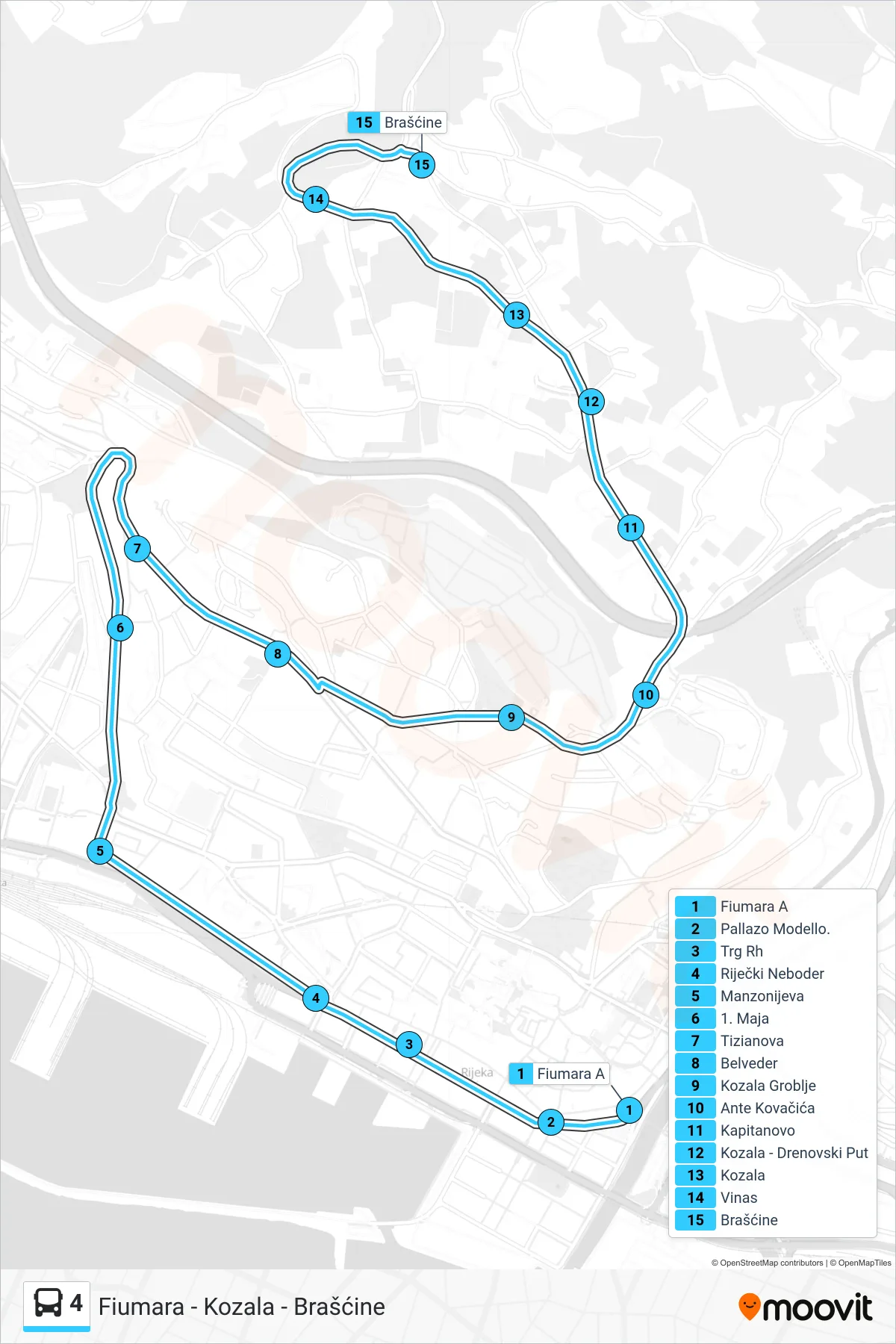 Linija 4 autobus, (Fiumara - Kozala - Brašćine) – ruta i stanice na karti
