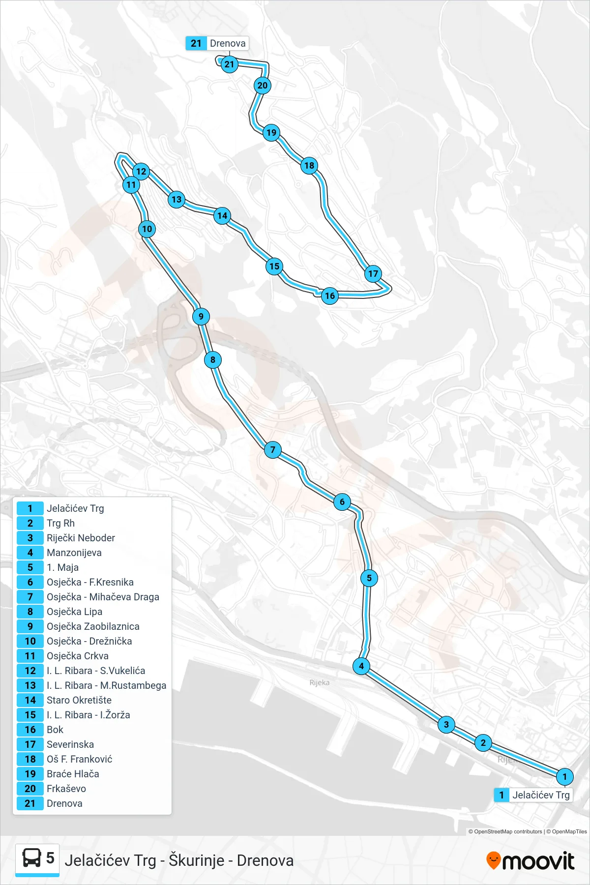Linija 5 autobus, (Jelačićev Trg - Škurinje - Drenova) – ruta i stanice na karti