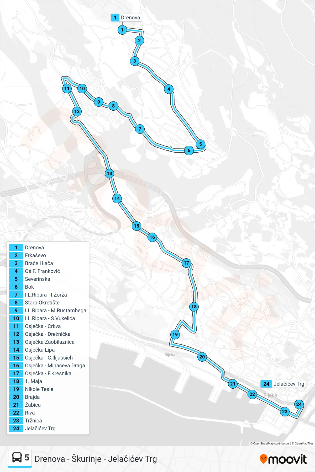 Linija 5 autobus, (Drenova - Škurinje - Jelačićev Trg) – ruta i stanice na karti
