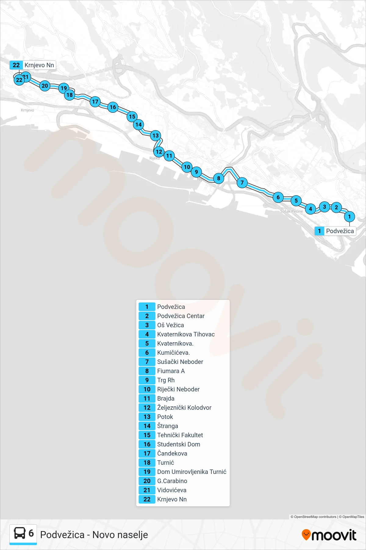 Linija 6 autobus, (Podvežica - Centar - Čandekova - Krnjevo Nn) – ruta i stanice na karti
