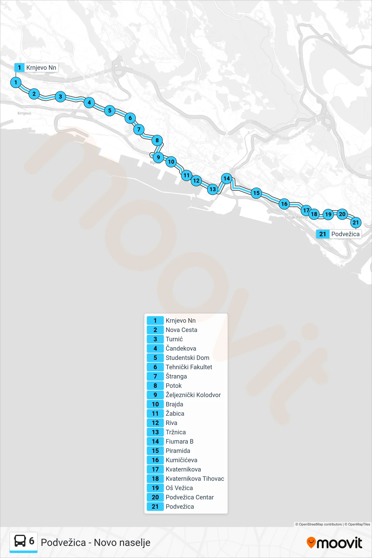 Linija 6 autobus, (Krnjevo Nn - Čandekova - Riva - Podvežica) – ruta i stanice na karti